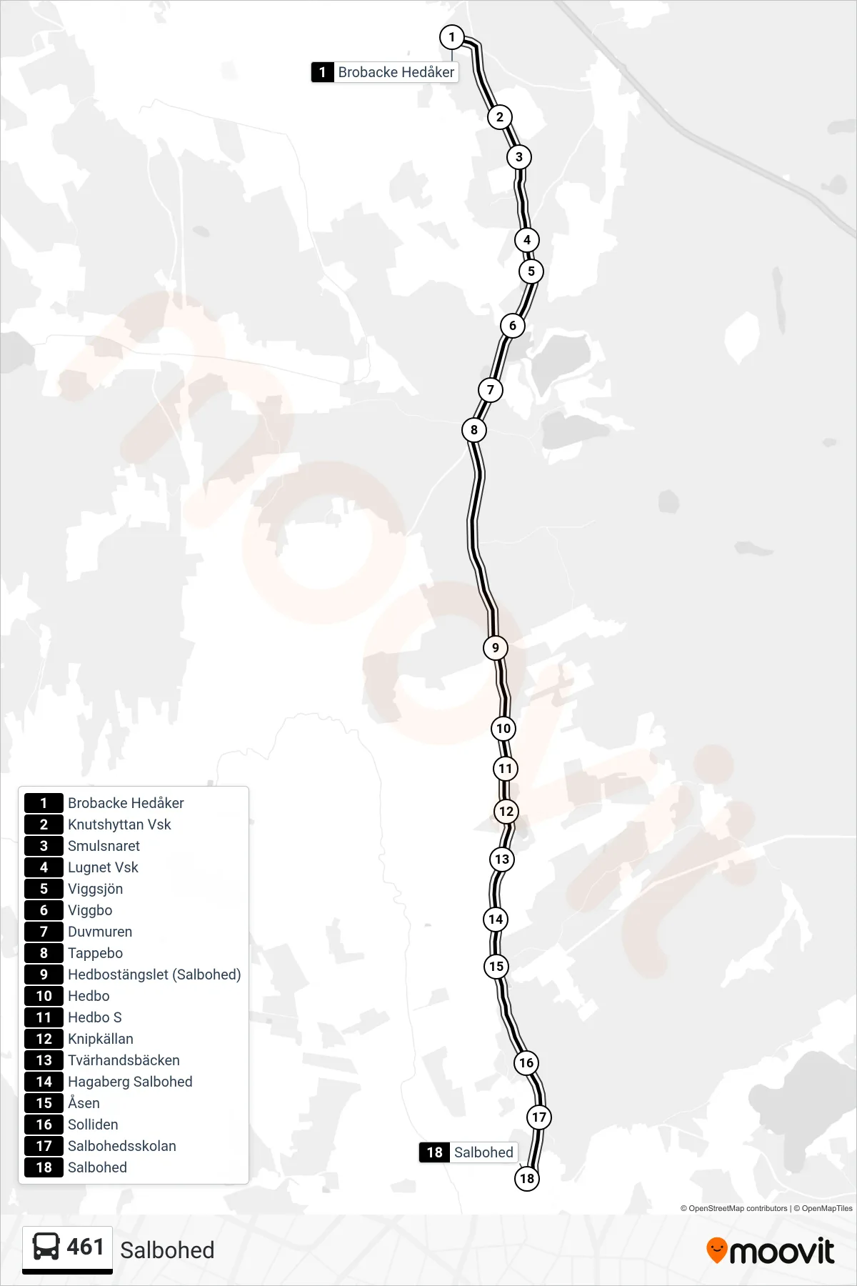 Rutt och hållplatser på karta för linje 461 spårvagn, (Salbohed)