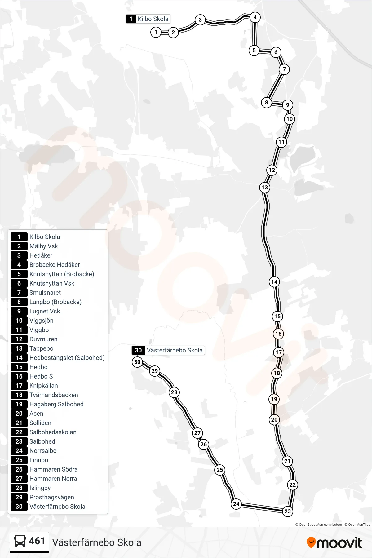 Rutt och hållplatser på karta för linje 461 spårvagn, (Västerfärnebo Skola)