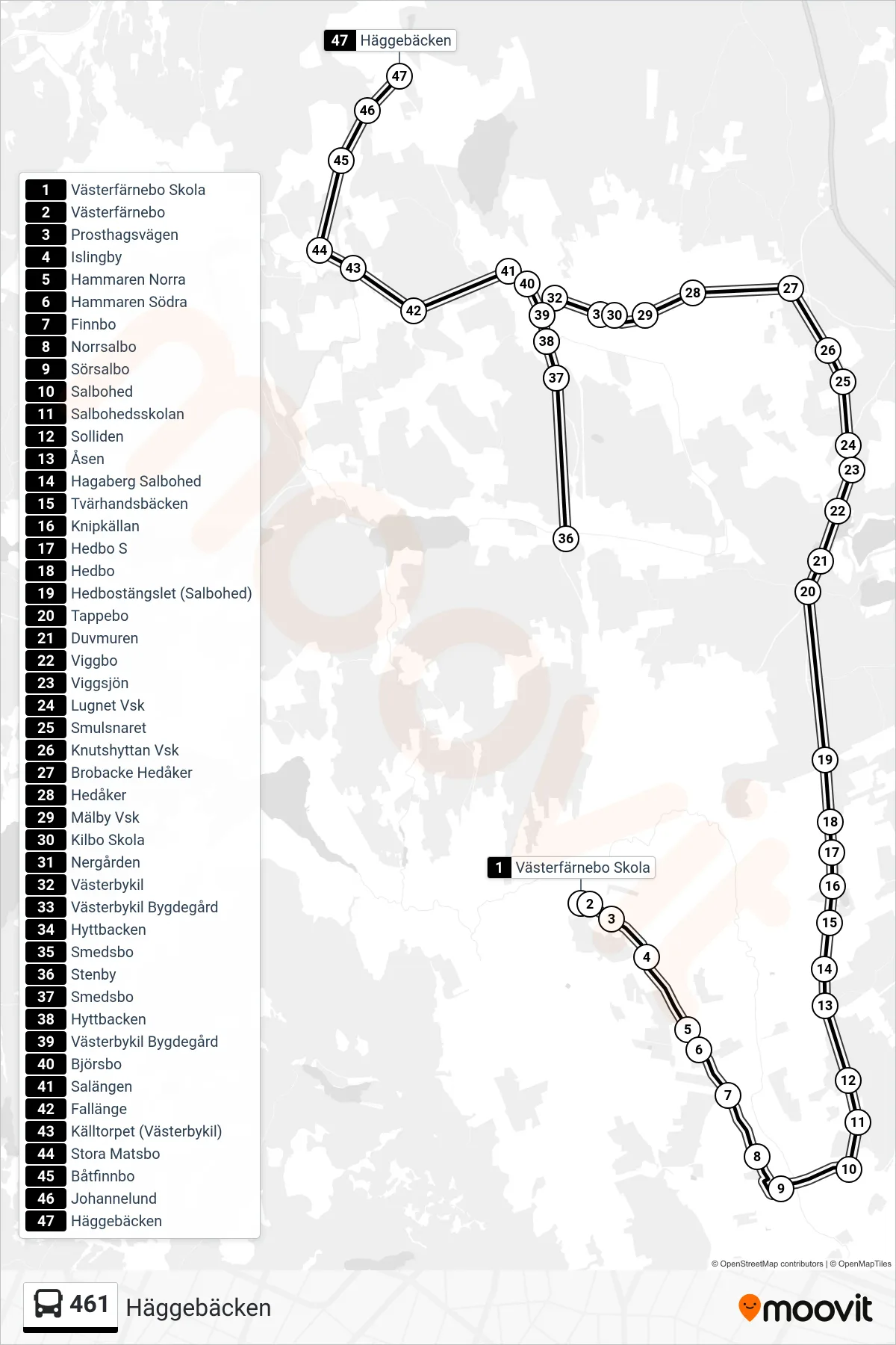 Rutt och hållplatser på karta för linje 461  spårvagn, (Häggebäcken)