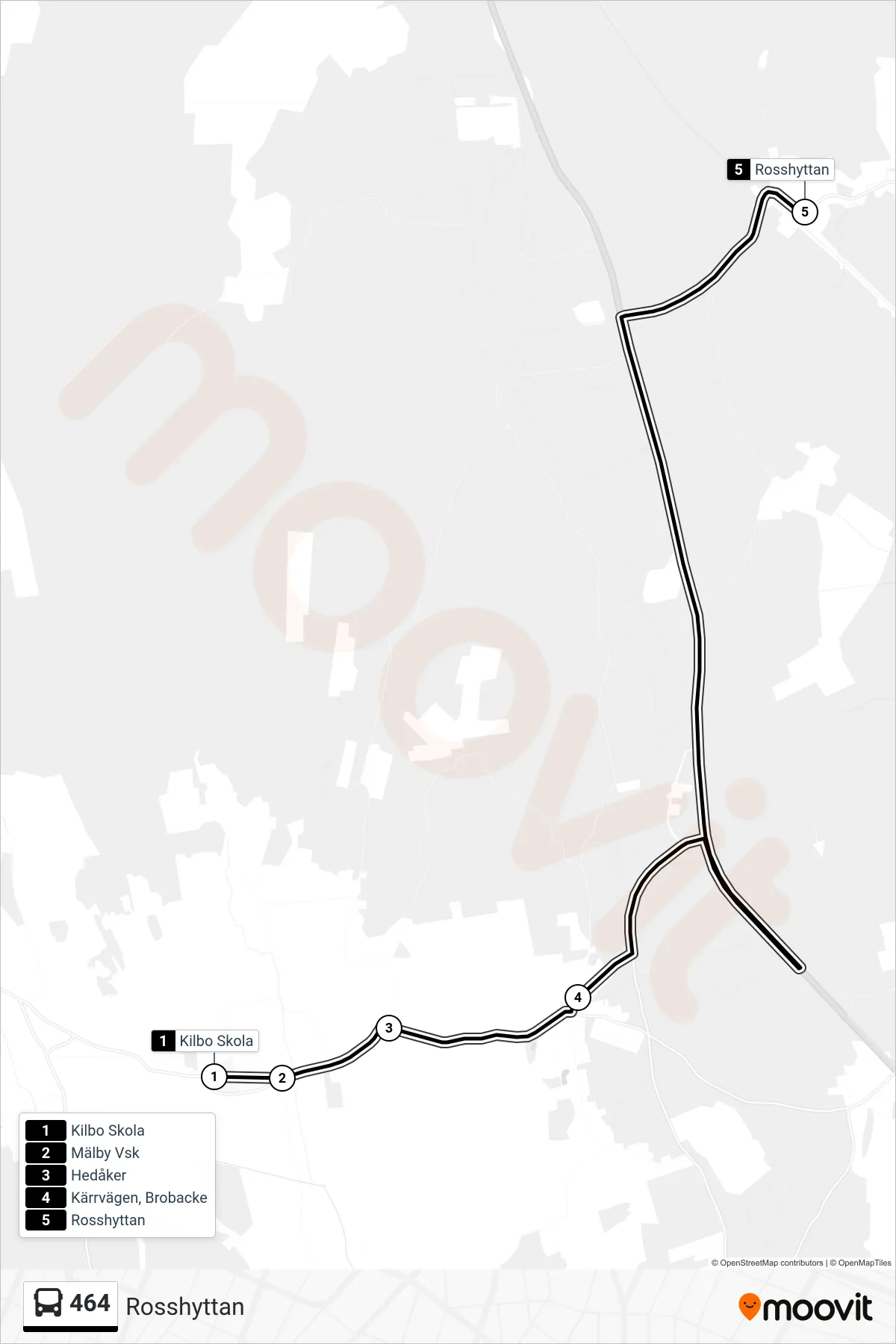 Rutt och hållplatser på karta för linje 464  spårvagn, (Rosshyttan)