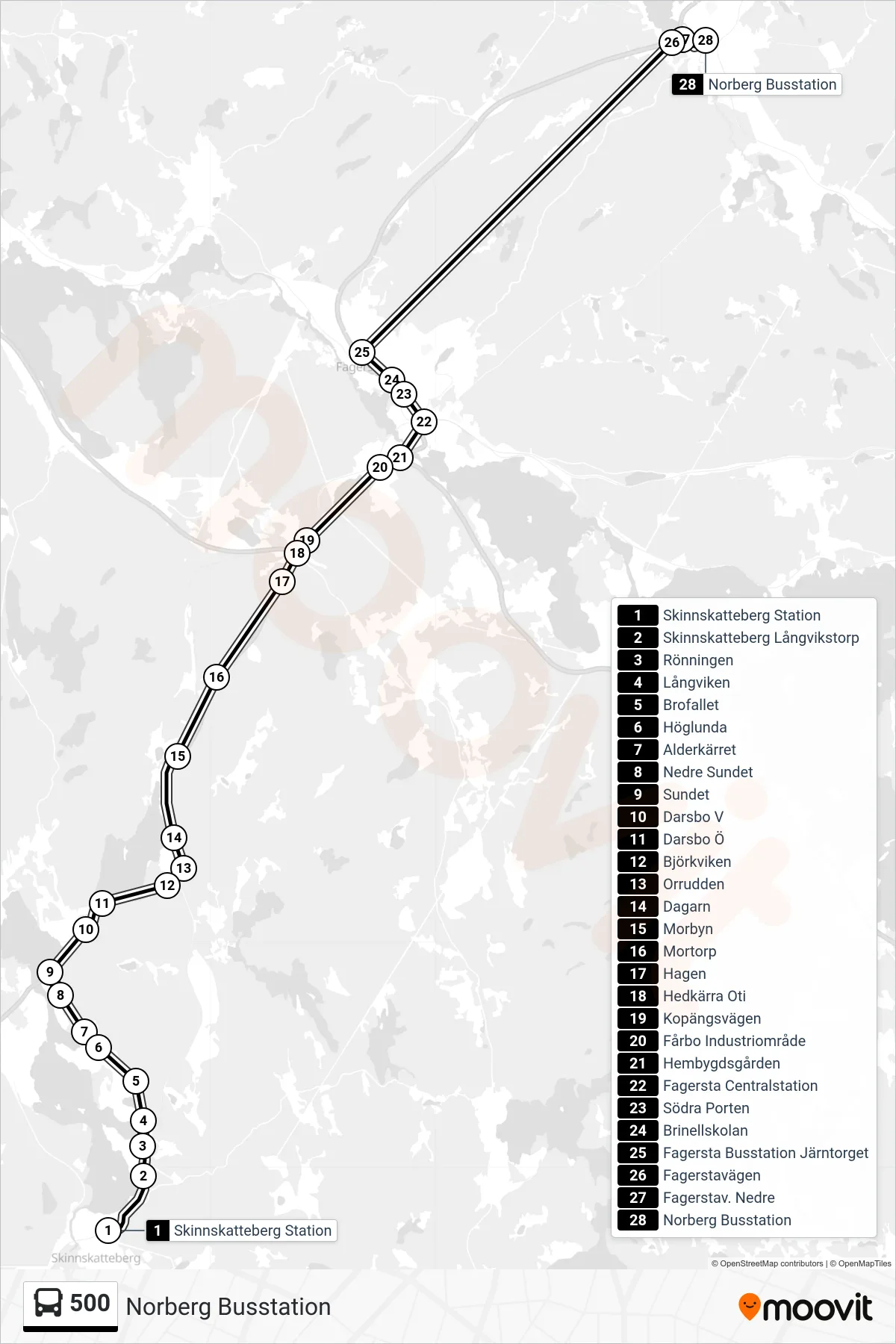 Rutt och hållplatser på karta för linje 500 spårvagn, (Norberg Busstation)