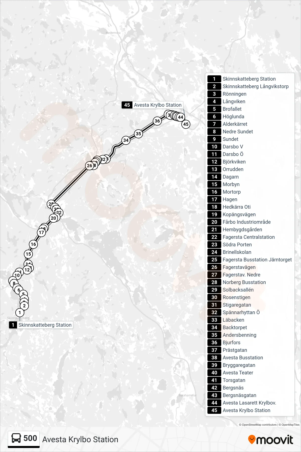 Rutt och hållplatser på karta för linje 500 spårvagn, (Avesta Krylbo Station)