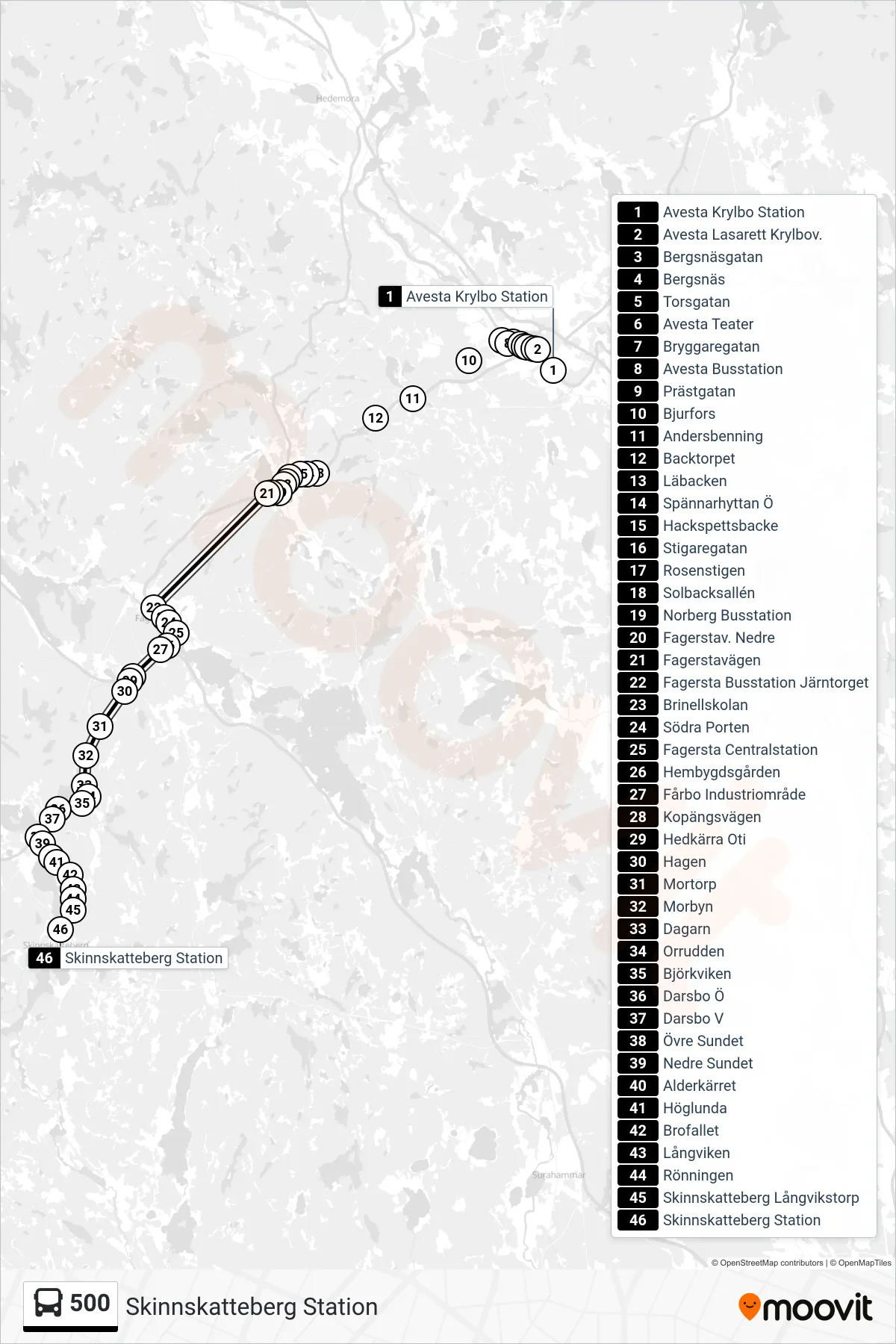 Rutt och hållplatser på karta för linje 500 spårvagn, (Skinnskatteberg Station)
