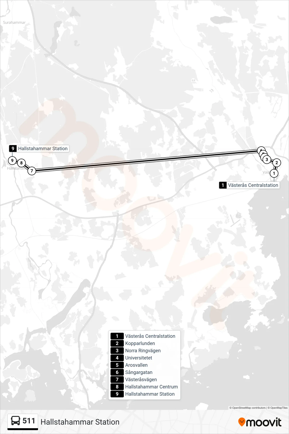 Rutt och hållplatser på karta för linje 511 spårvagn, (Hallstahammar Station)
