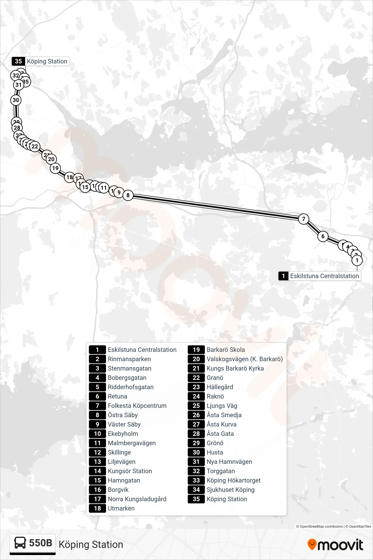Rutt och hållplatser på karta för linje 550B spårvagn, (Köping Station)