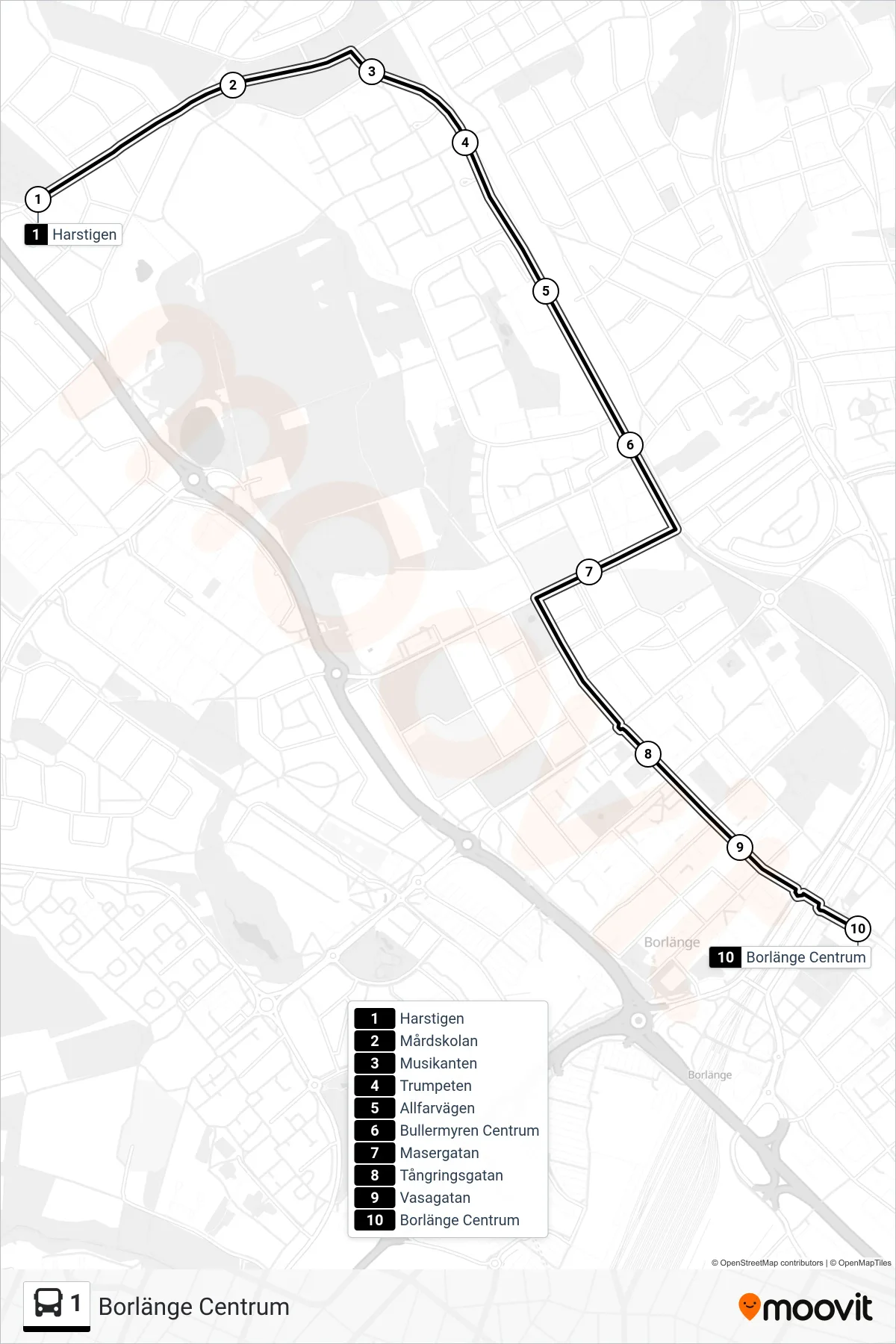Rutt och hållplatser på karta för linje 1 spårvagn, (Borlänge Centrum)