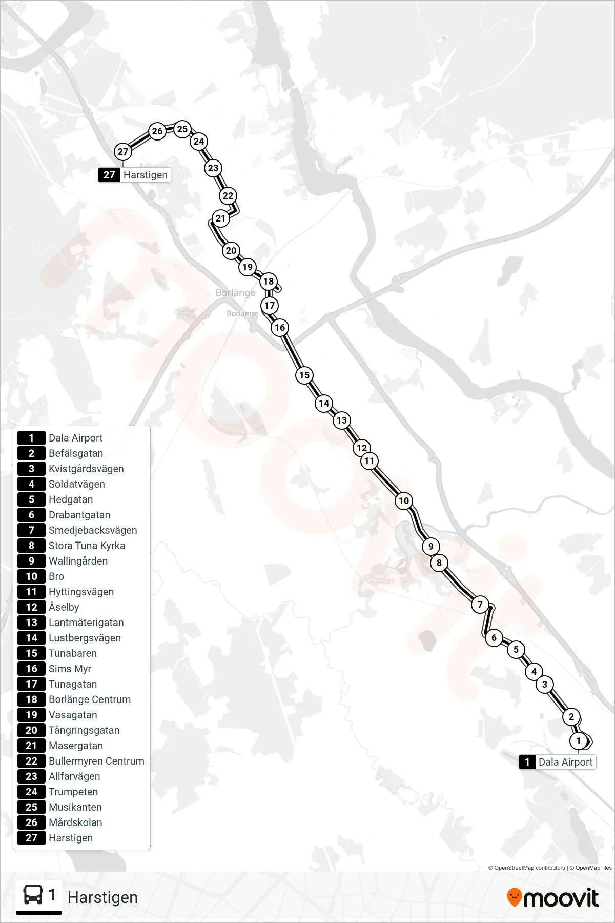 Rutt och hållplatser på karta för linje 1 spårvagn, (Harstigen)