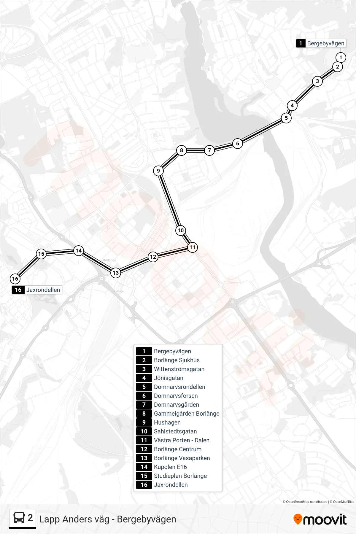Rutt och hållplatser på karta för linje 2 spårvagn, (Jaxrondellen)