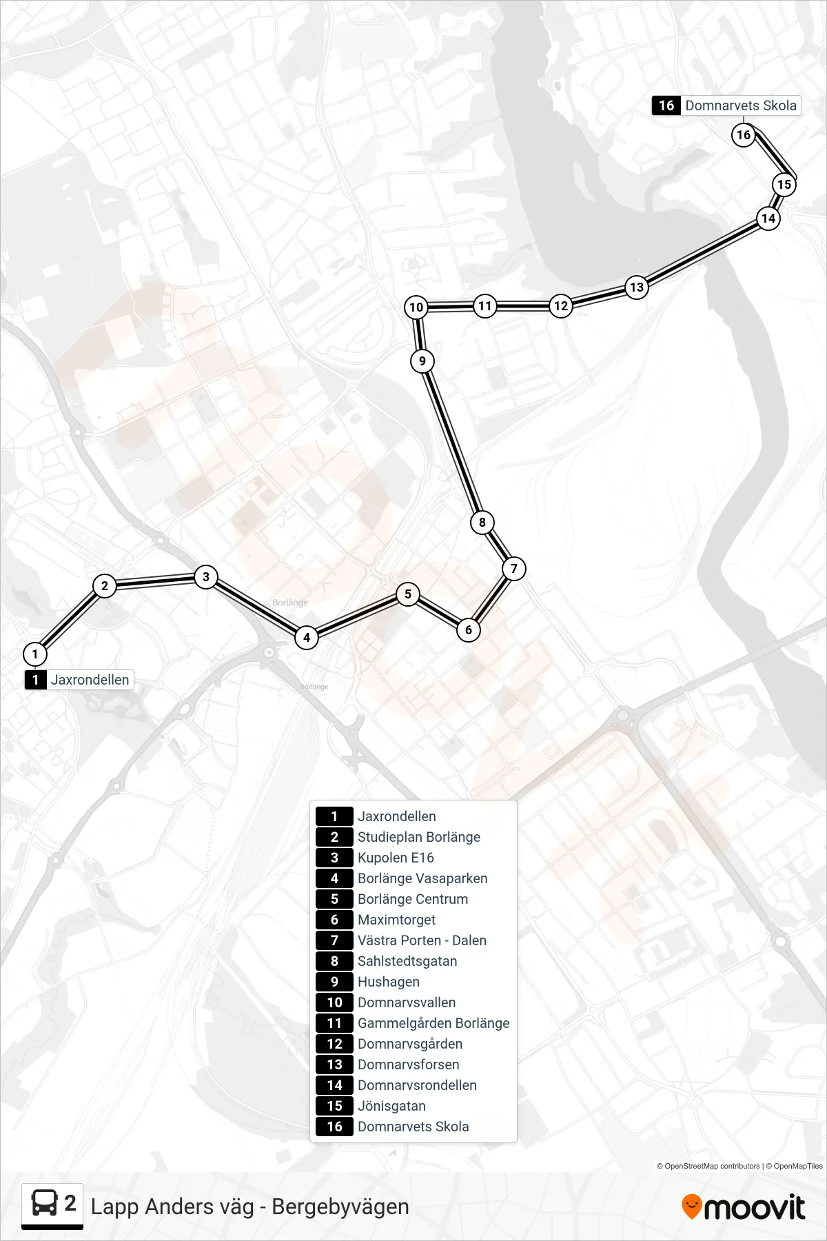 Rutt och hållplatser på karta för linje 2 spårvagn, (Domnarvets Skola)