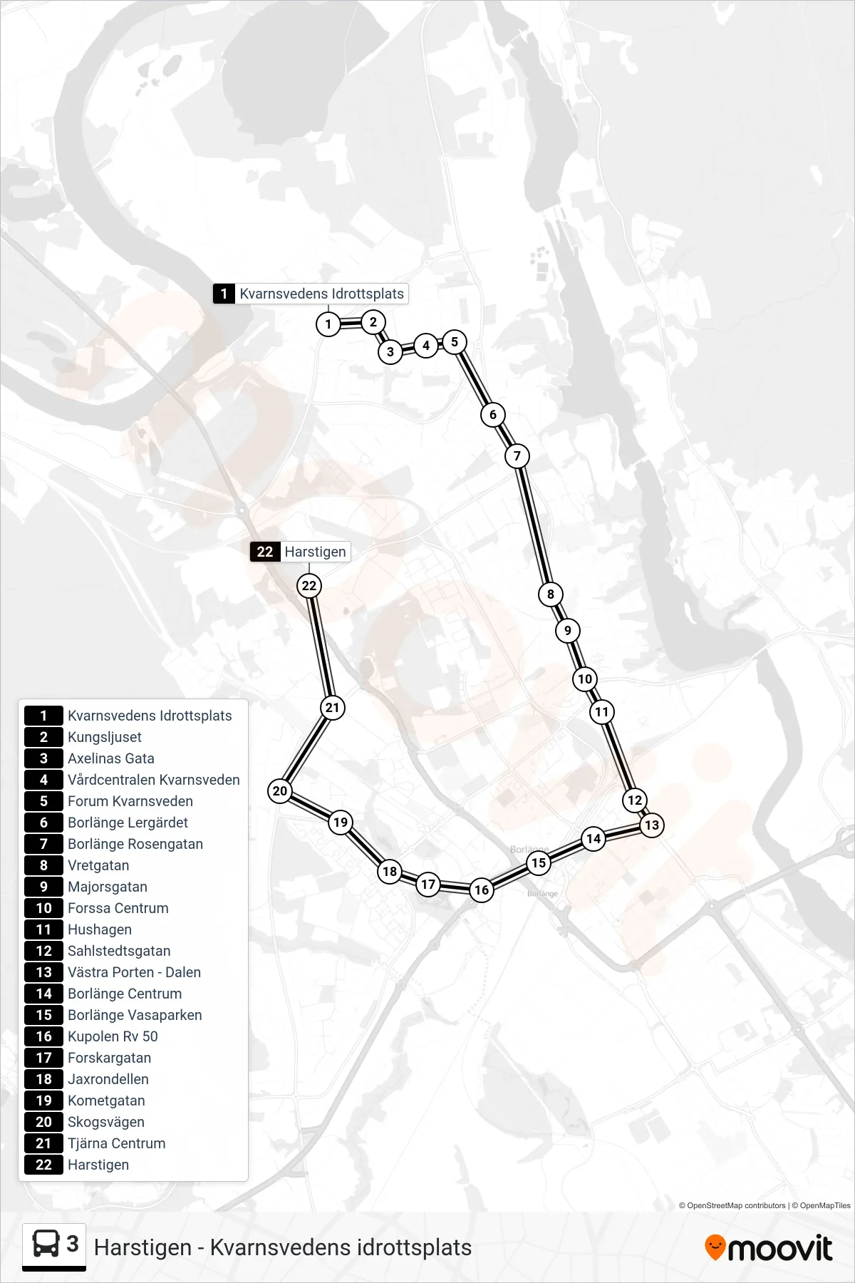 Rutt och hållplatser på karta för linje 3  spårvagn, (Harstigen)