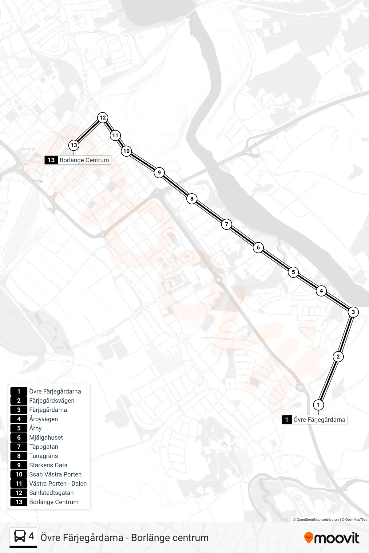 Rutt och hållplatser på karta för linje 4  spårvagn, (Borlänge Centrum)