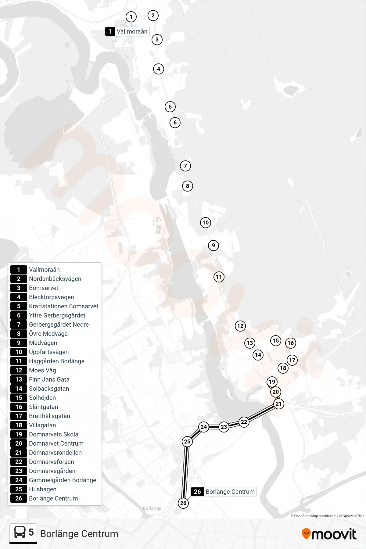 Rutt och hållplatser på karta för linje 5  spårvagn, (Borlänge Centrum)