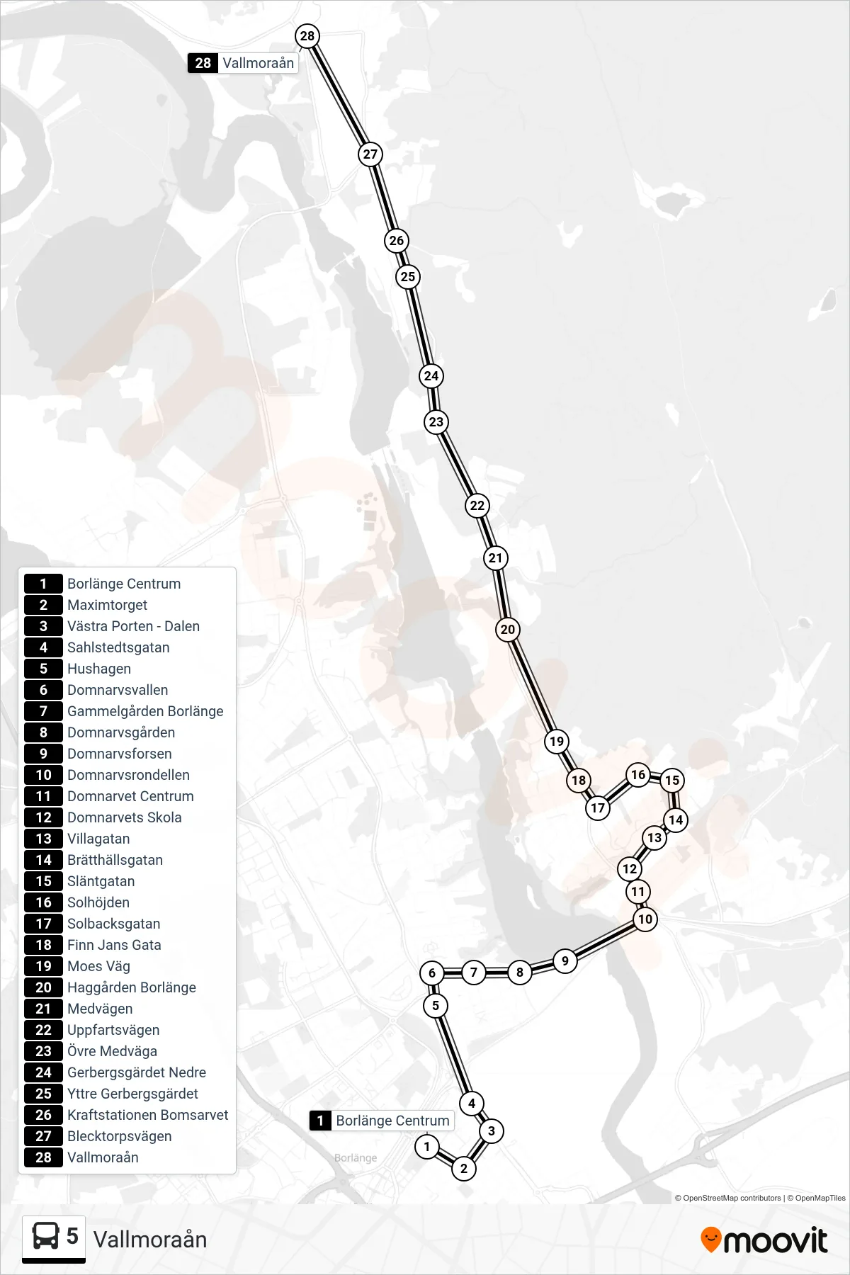 Rutt och hållplatser på karta för linje 5 spårvagn, (Vallmoraån)
