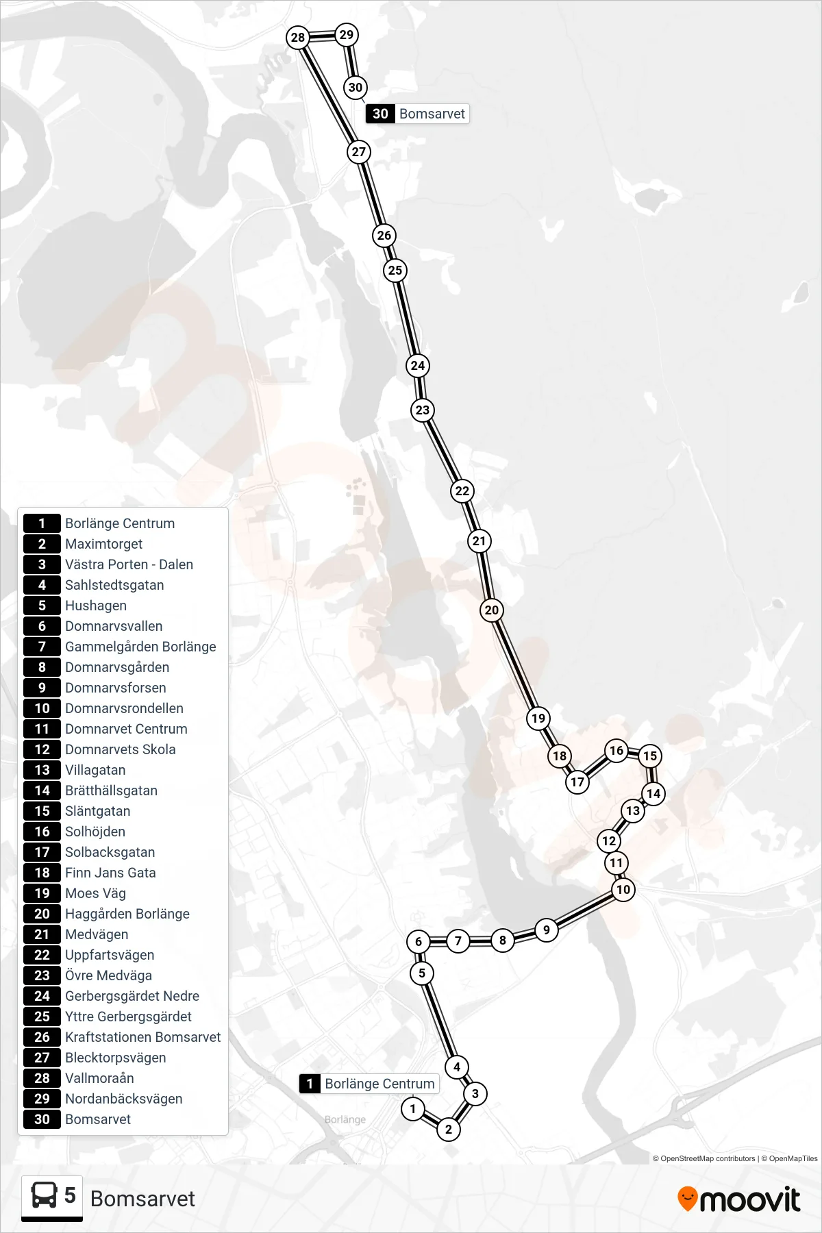 Rutt och hållplatser på karta för linje 5 spårvagn, (Bomsarvet)