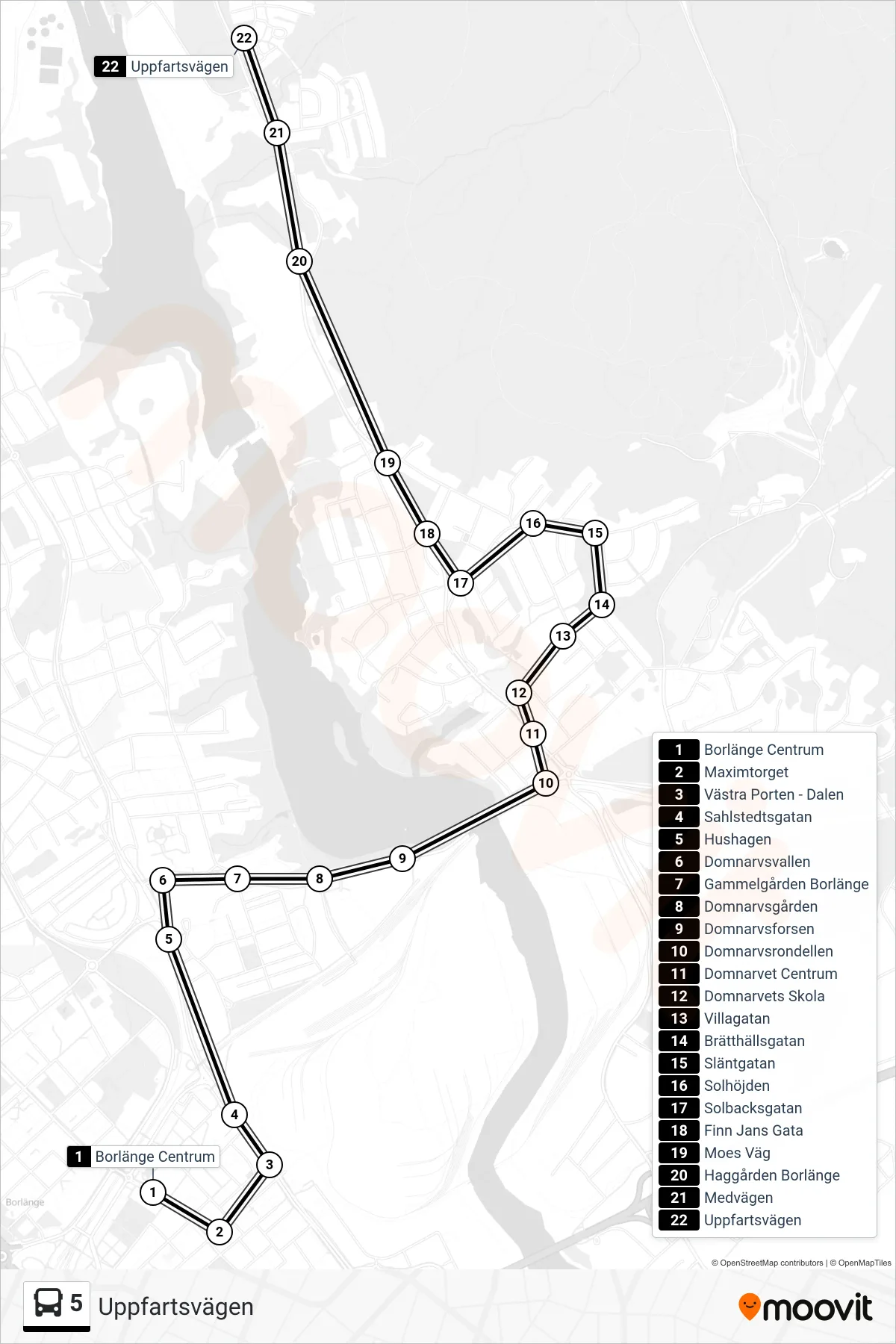 Rutt och hållplatser på karta för linje 5  spårvagn, (Uppfartsvägen)