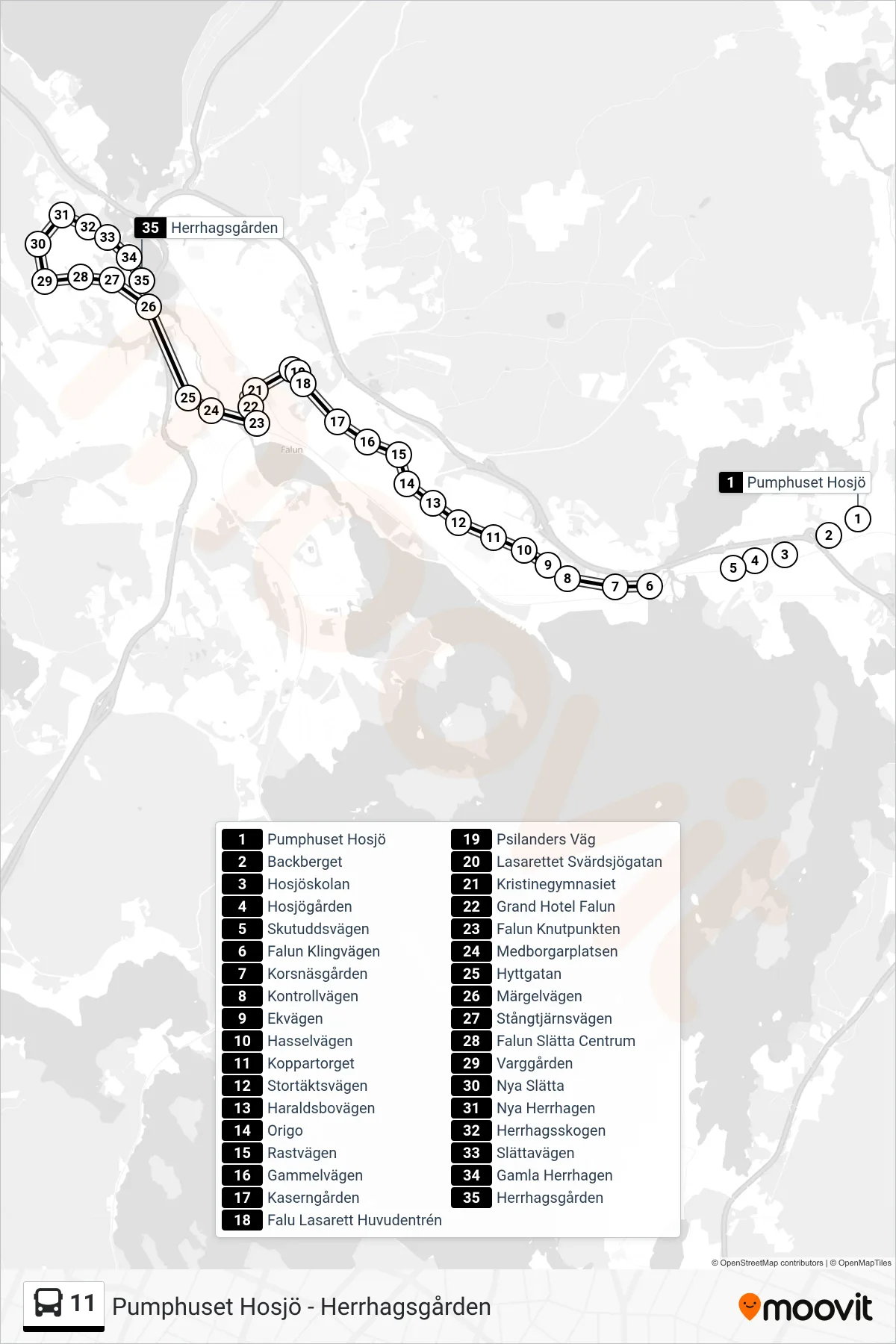 Rutt och hållplatser på karta för linje 11 spårvagn, (Herrhagsgården)