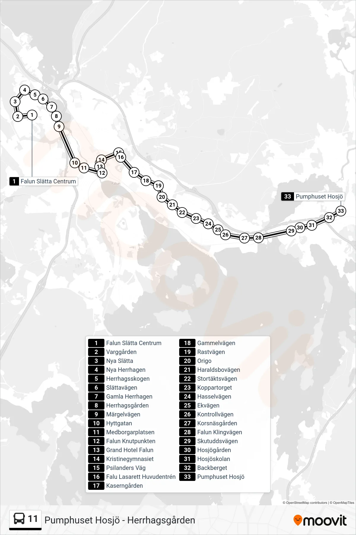 Rutt och hållplatser på karta för linje 11  spårvagn, (Pumphuset Hosjö)