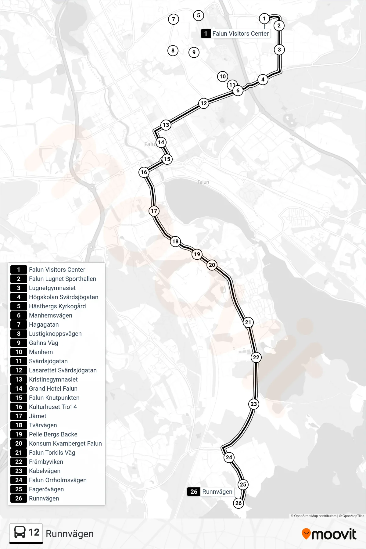 Rutt och hållplatser på karta för linje 12 spårvagn, (Runnvägen)