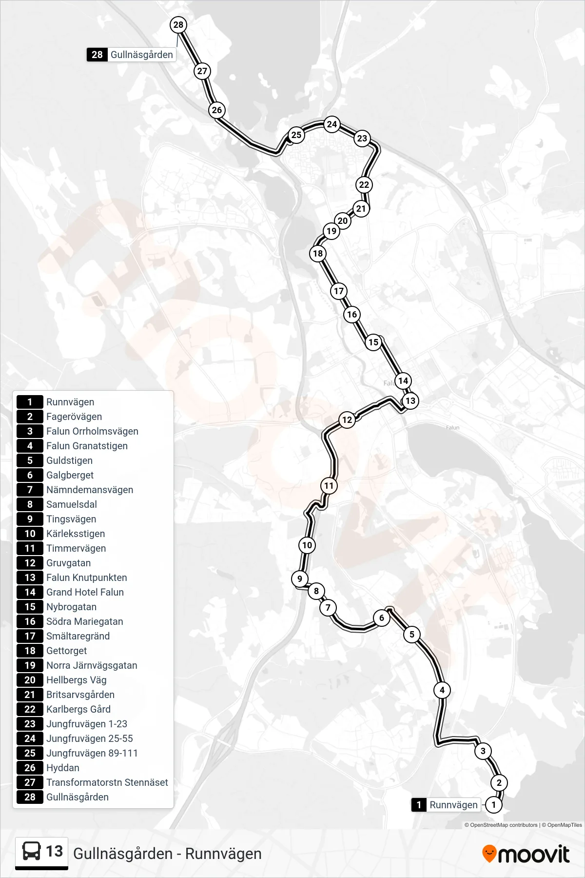 Rutt och hållplatser på karta för linje 13  spårvagn, (Gullnäsgården)