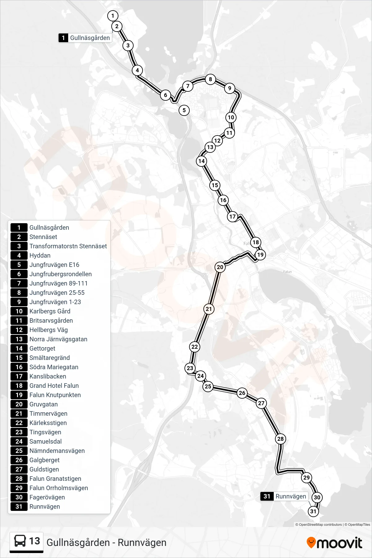 Rutt och hållplatser på karta för linje 13  spårvagn, (Runnvägen)