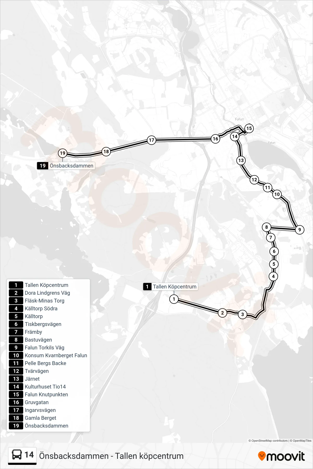 Rutt och hållplatser på karta för linje 14  spårvagn, (Önsbacksdammen)