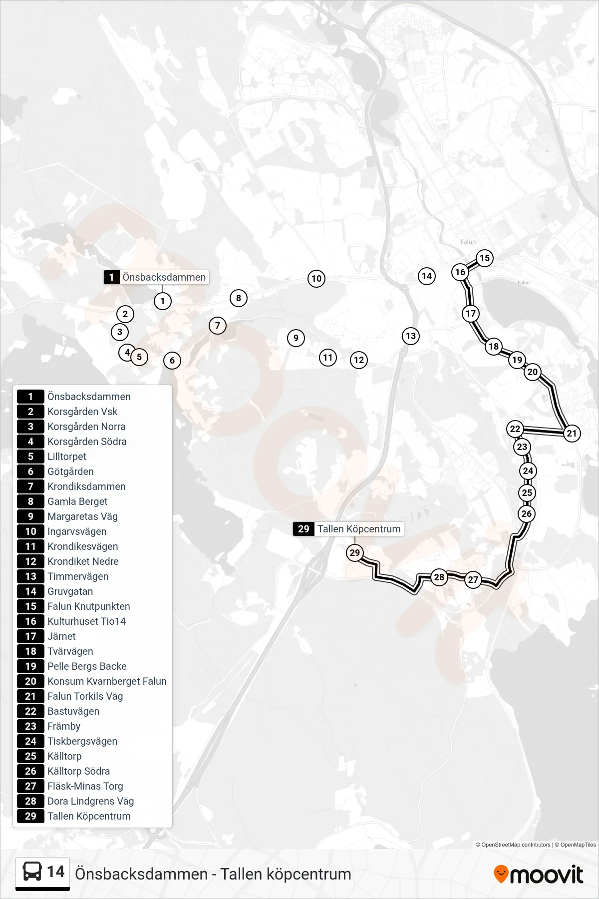Rutt och hållplatser på karta för linje 14  spårvagn, (Tallen Köpcentrum)