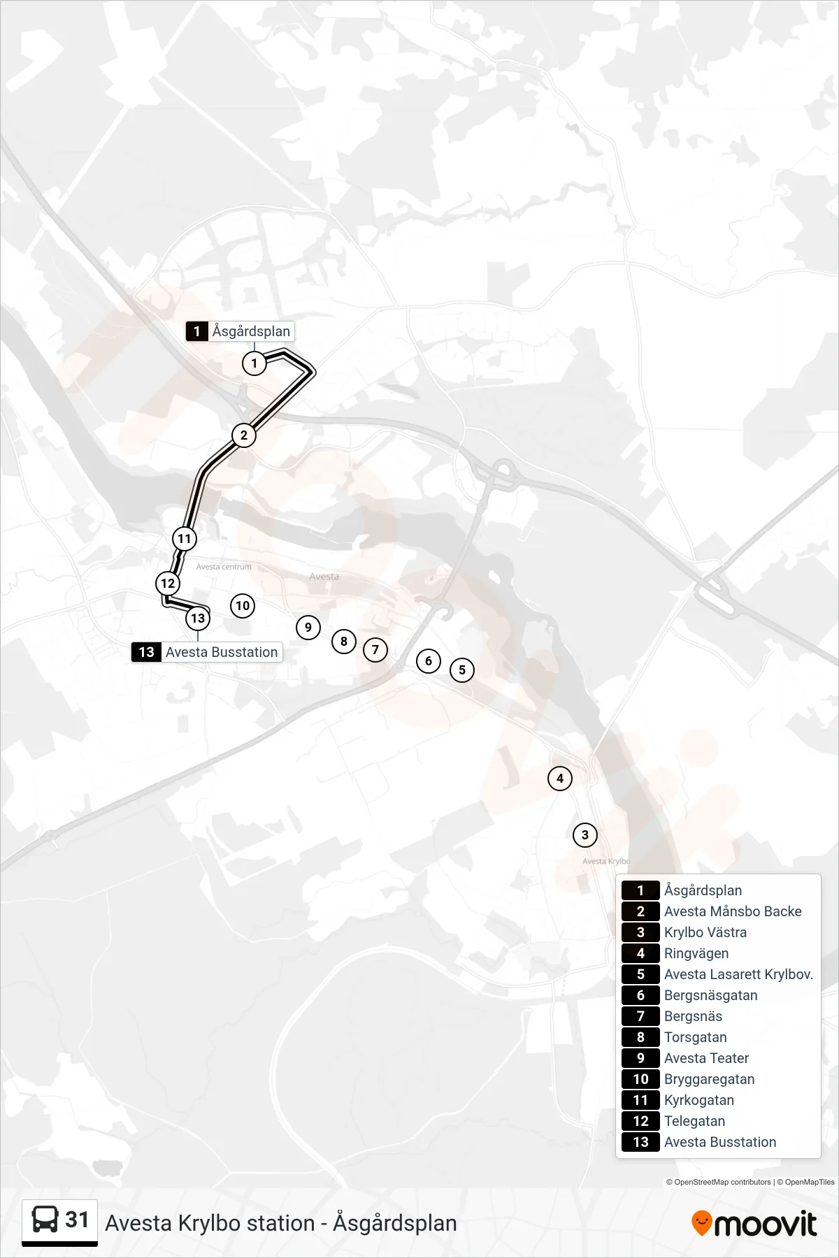 Rutt och hållplatser på karta för linje 31  spårvagn, (Avesta Busstation)