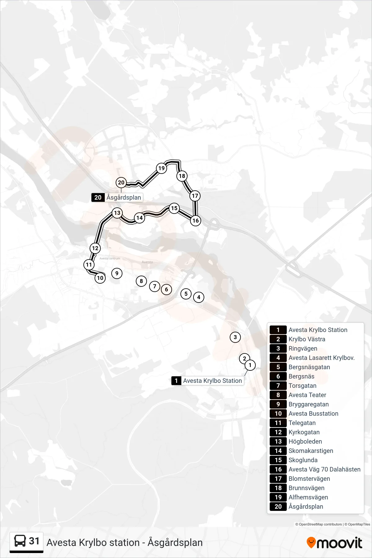 Rutt och hållplatser på karta för linje 31  spårvagn, (Åsgårdsplan)