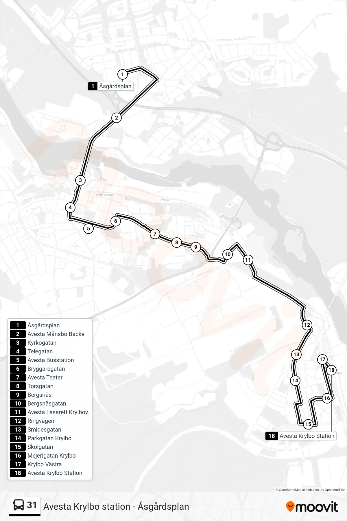 Rutt och hållplatser på karta för linje 31  spårvagn, (Avesta Krylbo Station)