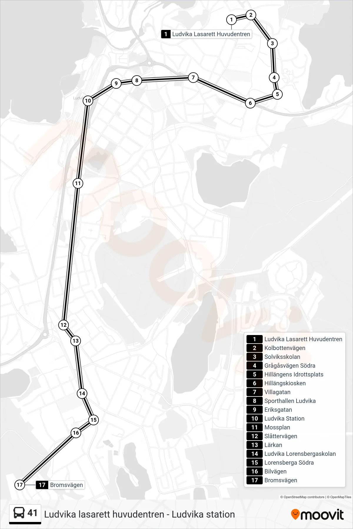Rutt och hållplatser på karta för linje 41 spårvagn, (Bromsvägen)