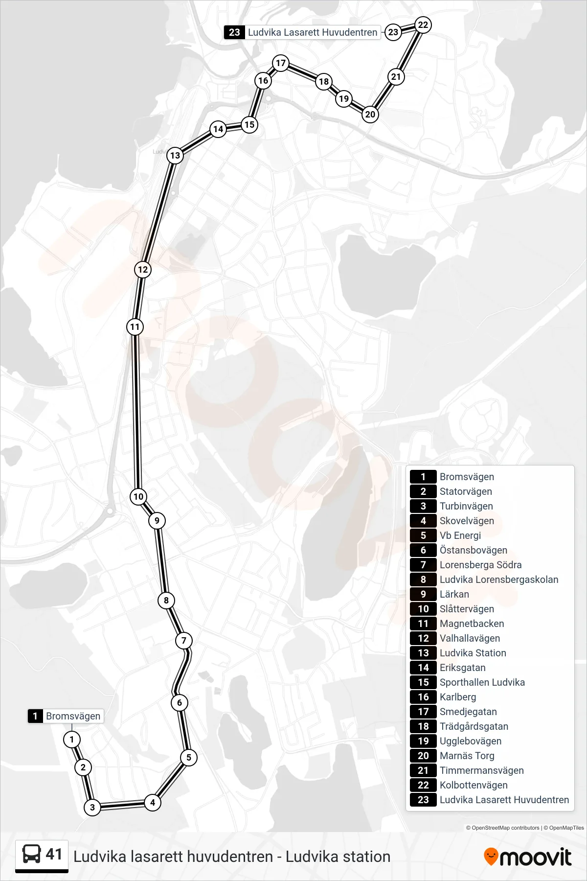Rutt och hållplatser på karta för linje 41 spårvagn, (Ludvika Lasarett Huvudentren)