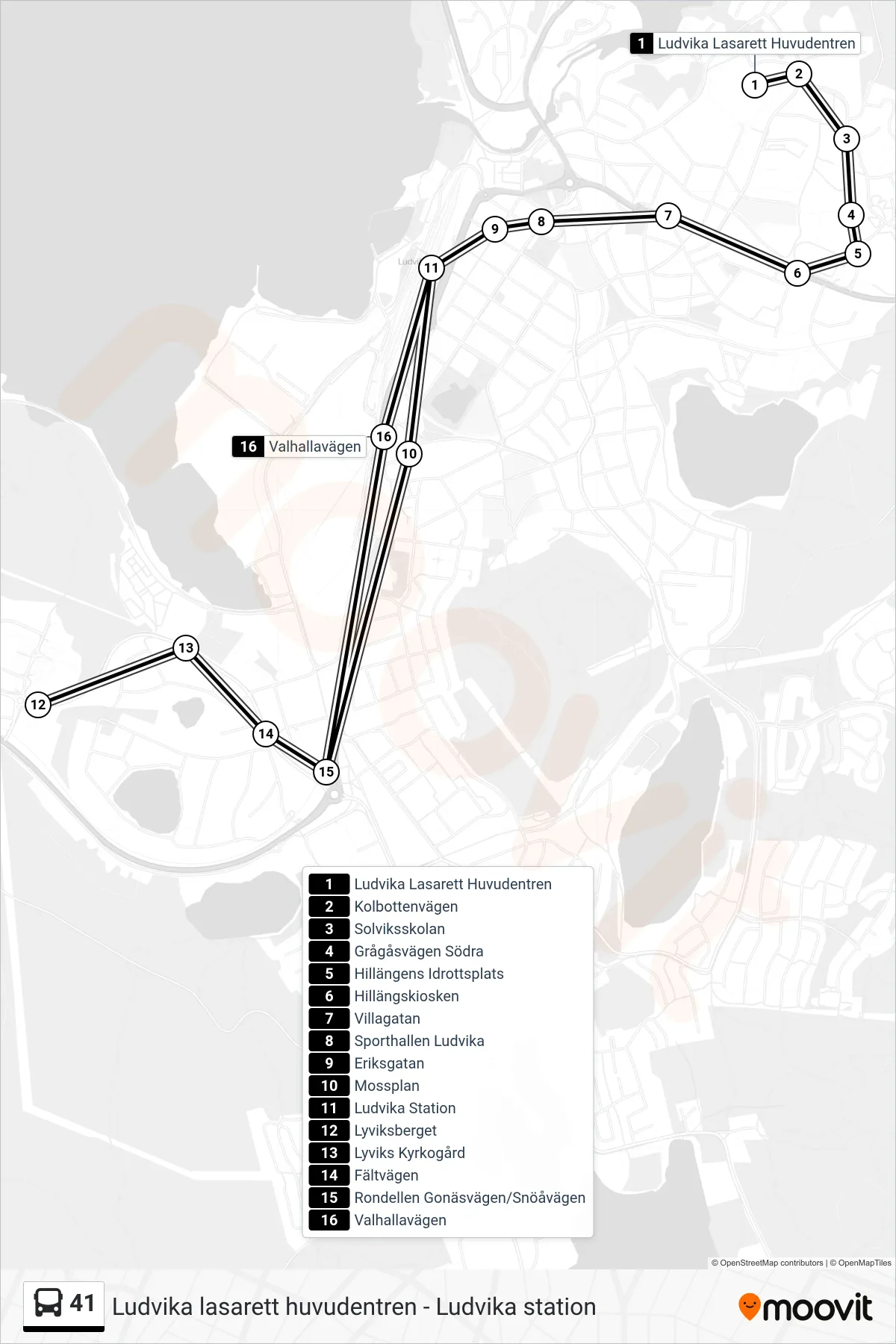 Rutt och hållplatser på karta för linje 41 spårvagn, (Ludvika Station)