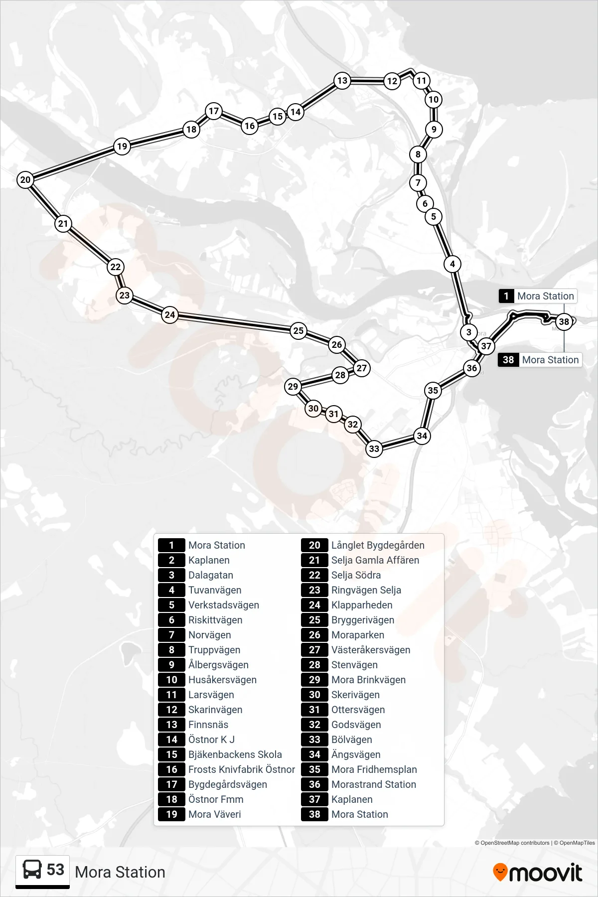 Rutt och hållplatser på karta för linje 53  spårvagn, (Mora Station)