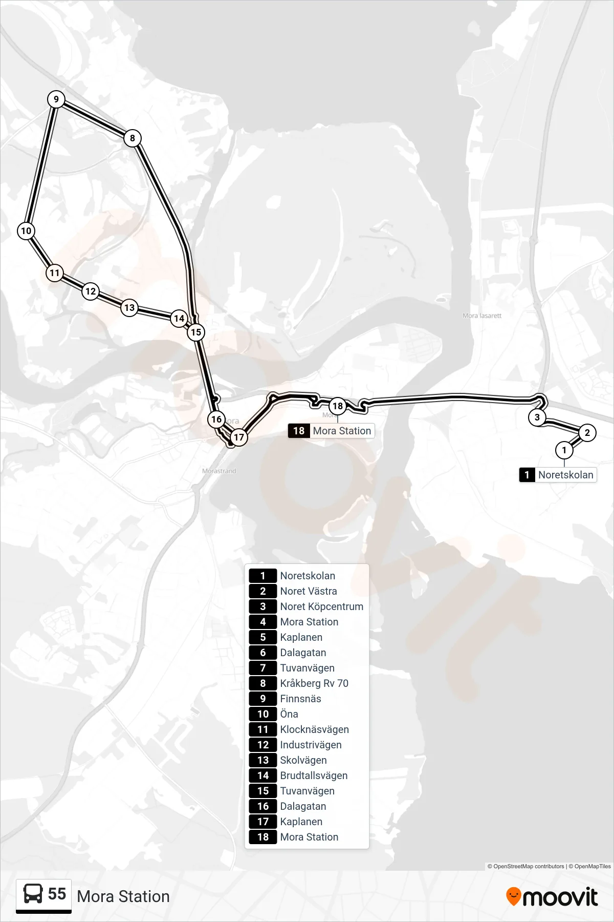 Rutt och hållplatser på karta för linje 55 spårvagn, (Mora Station)