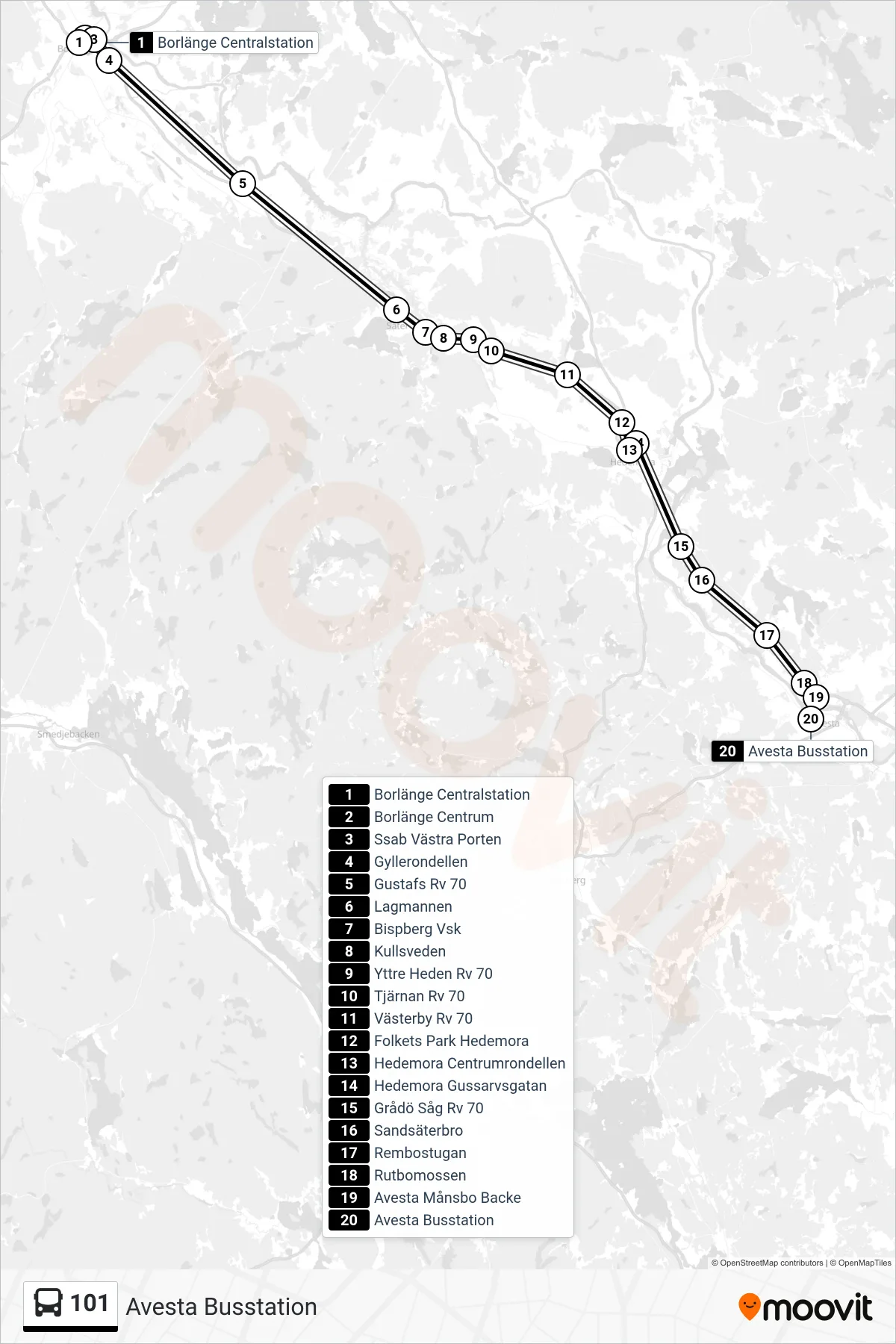 Rutt och hållplatser på karta för linje 101 spårvagn, (Avesta Busstation)