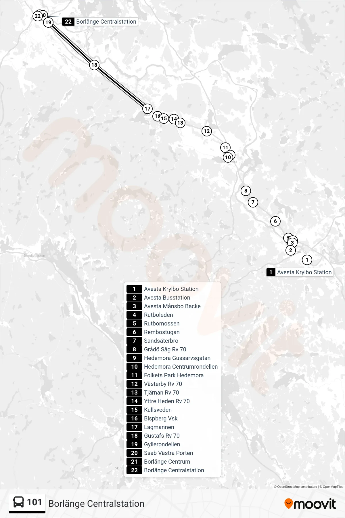 Rutt och hållplatser på karta för linje 101  spårvagn, (Borlänge Centralstation)