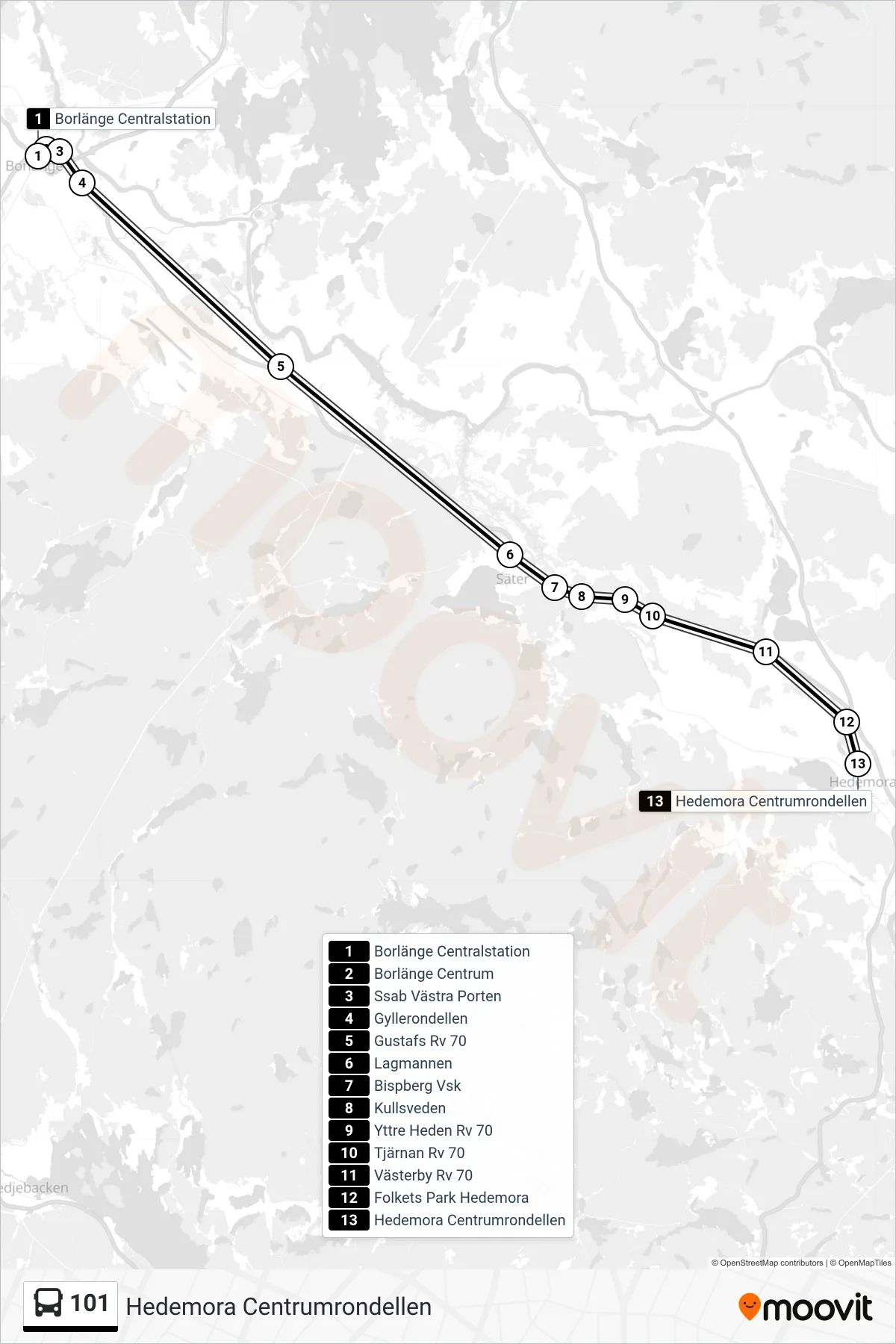 Rutt och hållplatser på karta för linje 101 spårvagn, (Hedemora Centrumrondellen)