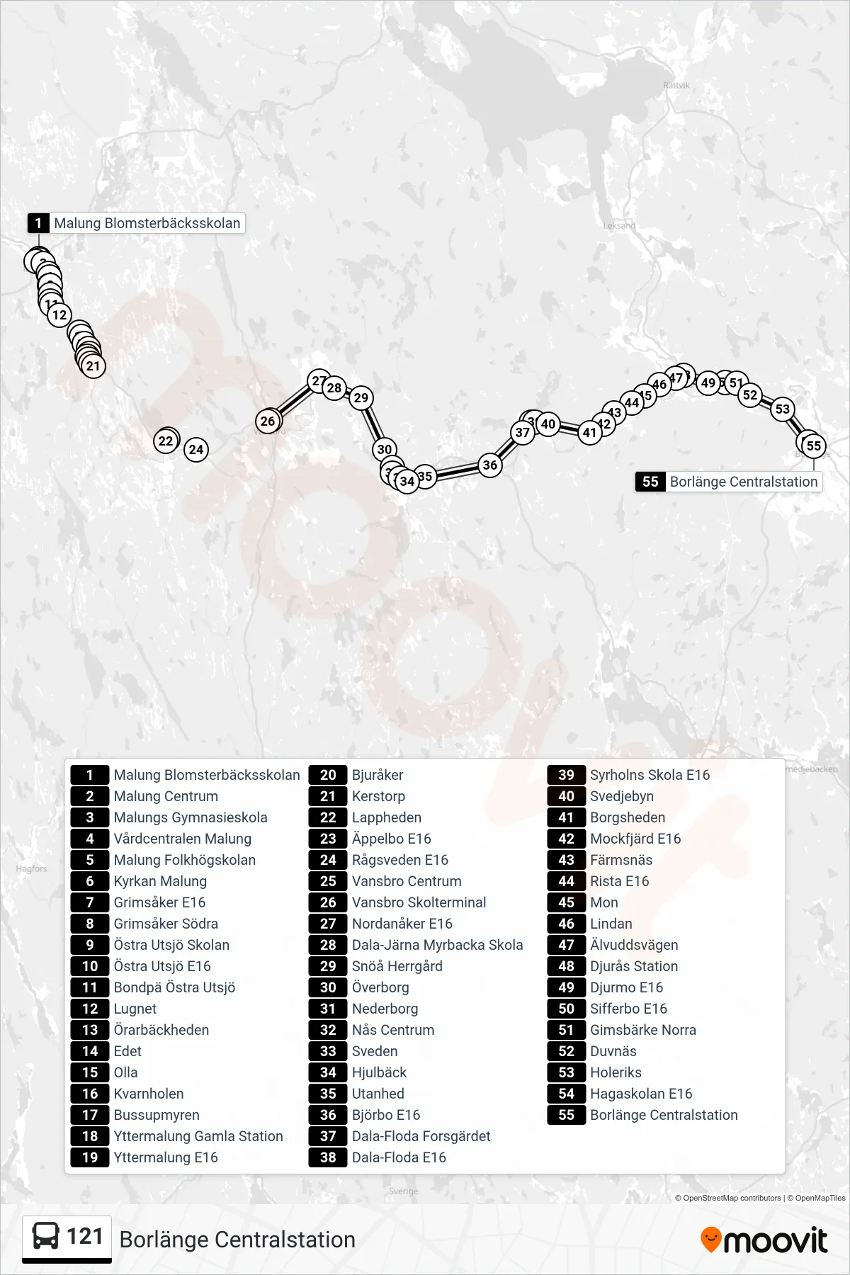 Rutt och hållplatser på karta för linje 121  spårvagn, (Borlänge Centralstation)