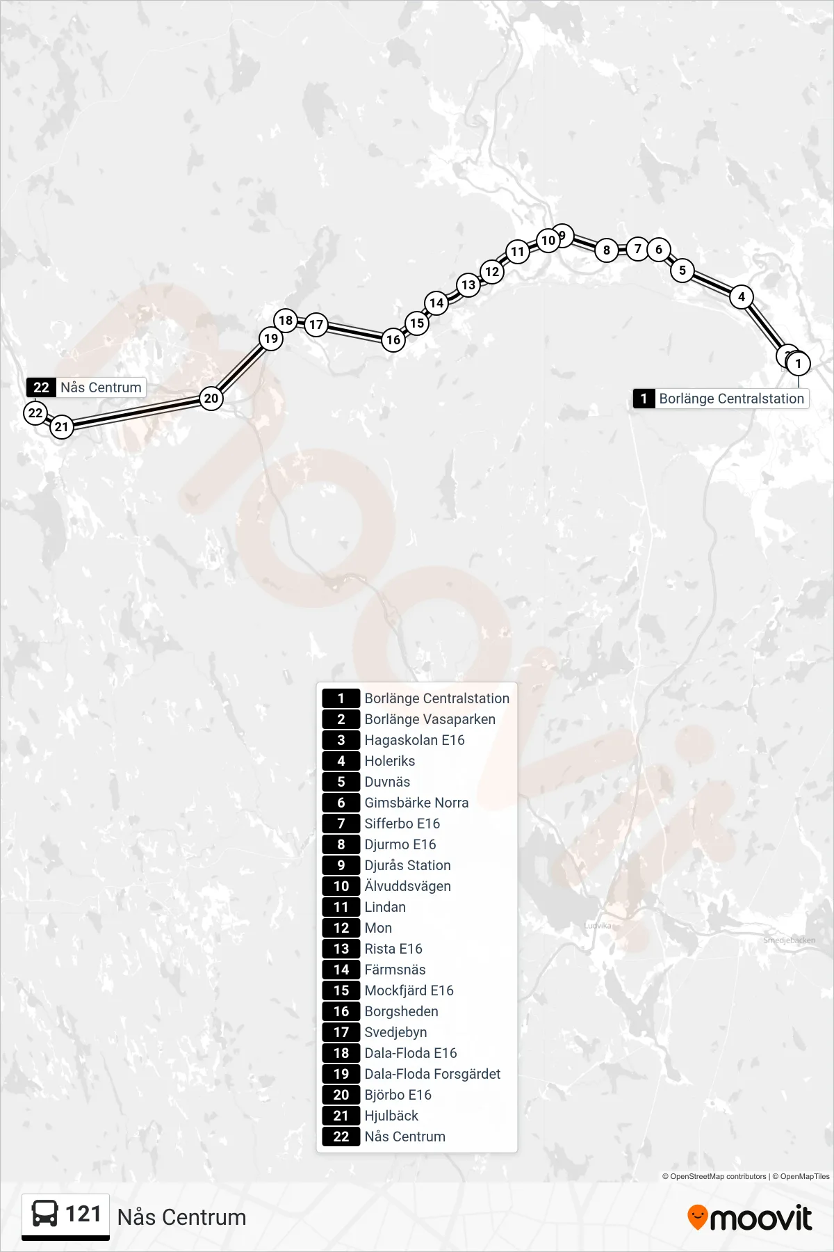 Rutt och hållplatser på karta för linje 121 spårvagn, (Nås Centrum)