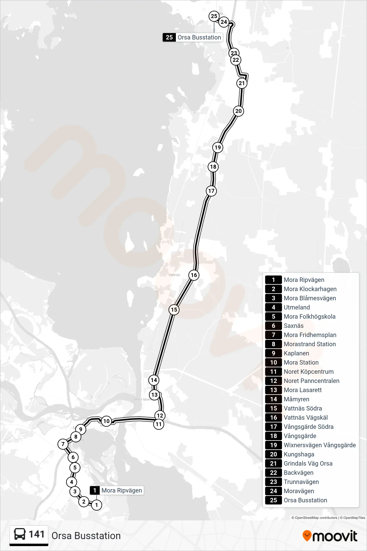 Rutt och hållplatser på karta för linje 141  spårvagn, (Orsa Busstation)