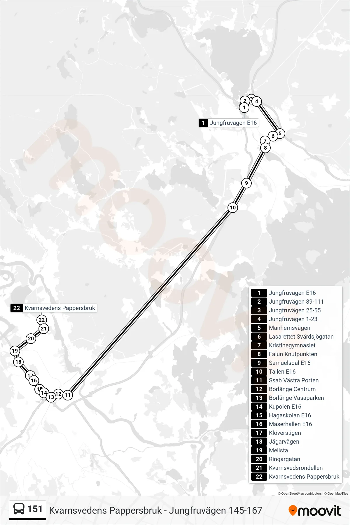Rutt och hållplatser på karta för linje 151  spårvagn, (Kvarnsvedens Pappersbruk)