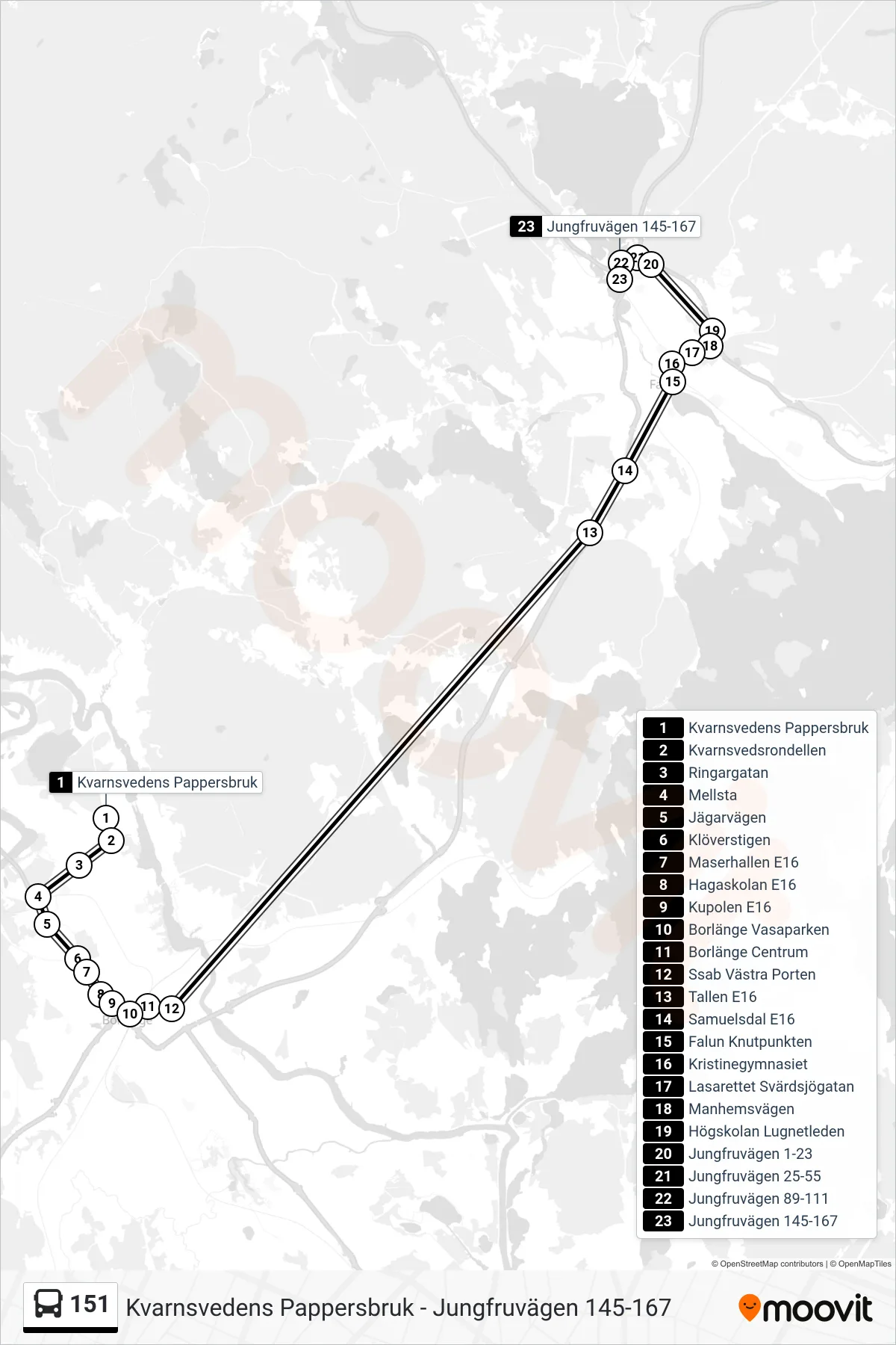 Rutt och hållplatser på karta för linje 151 spårvagn, (Jungfruvägen 145-167)