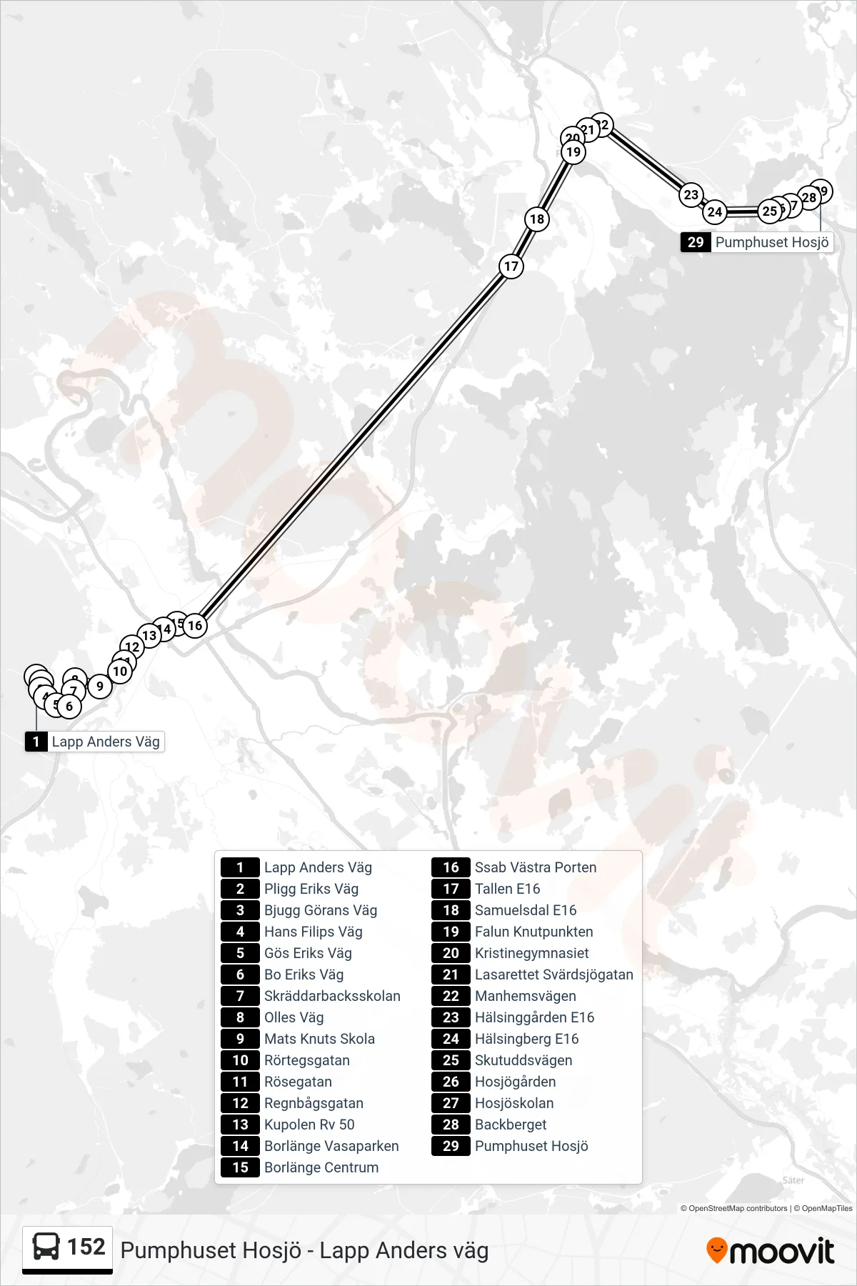 Rutt och hållplatser på karta för linje 152 spårvagn, (Pumphuset Hosjö)