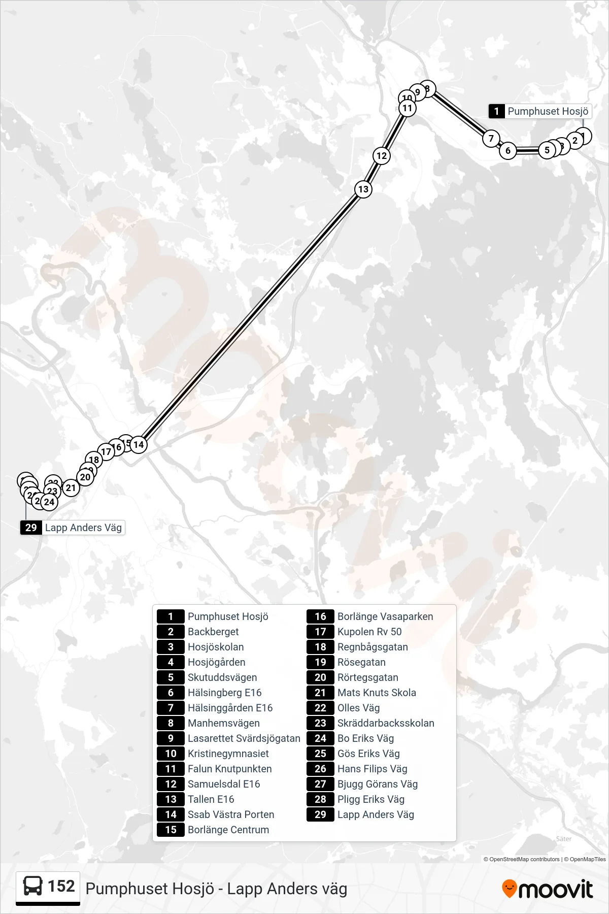 Rutt och hållplatser på karta för linje 152 spårvagn, (Lapp Anders Väg)