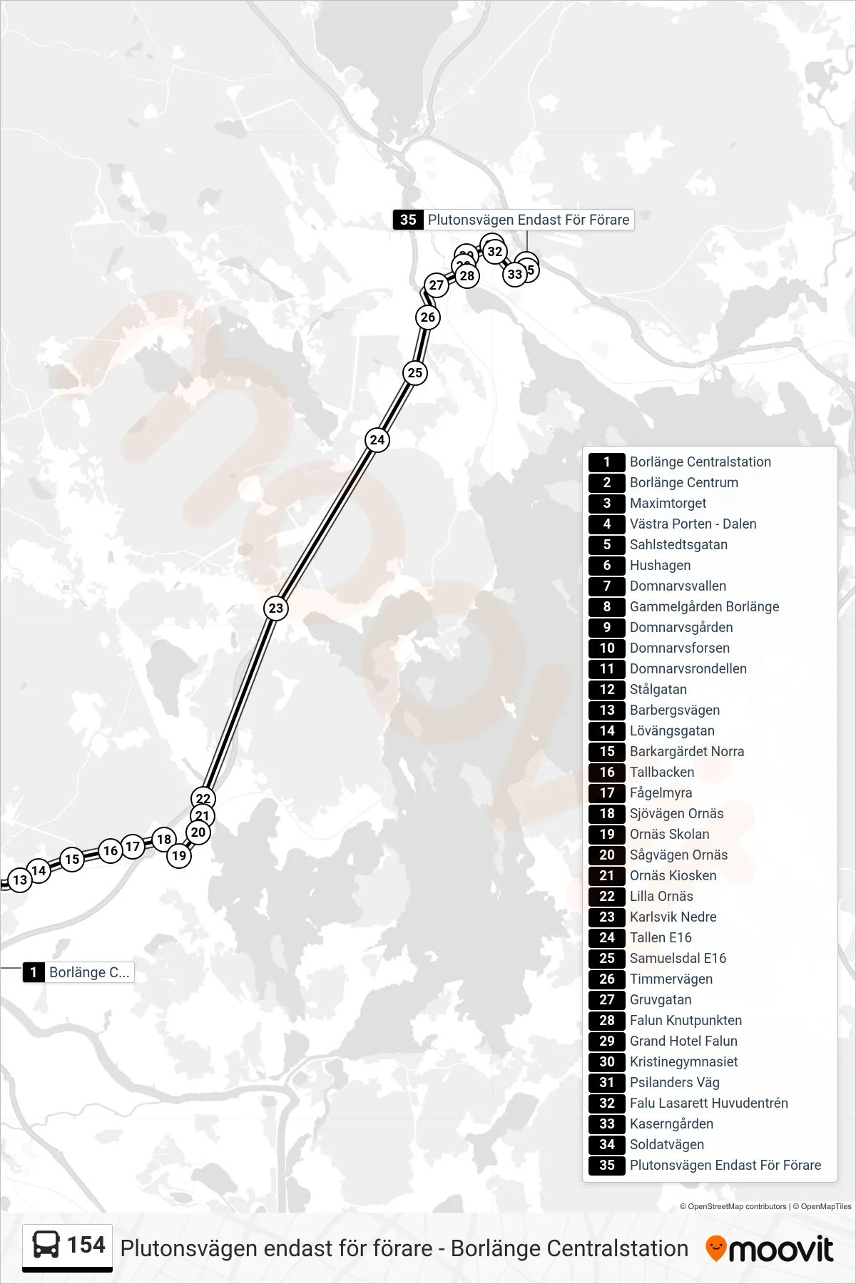 Rutt och hållplatser på karta för linje 154  spårvagn, (Plutonsvägen Endast För Förare)