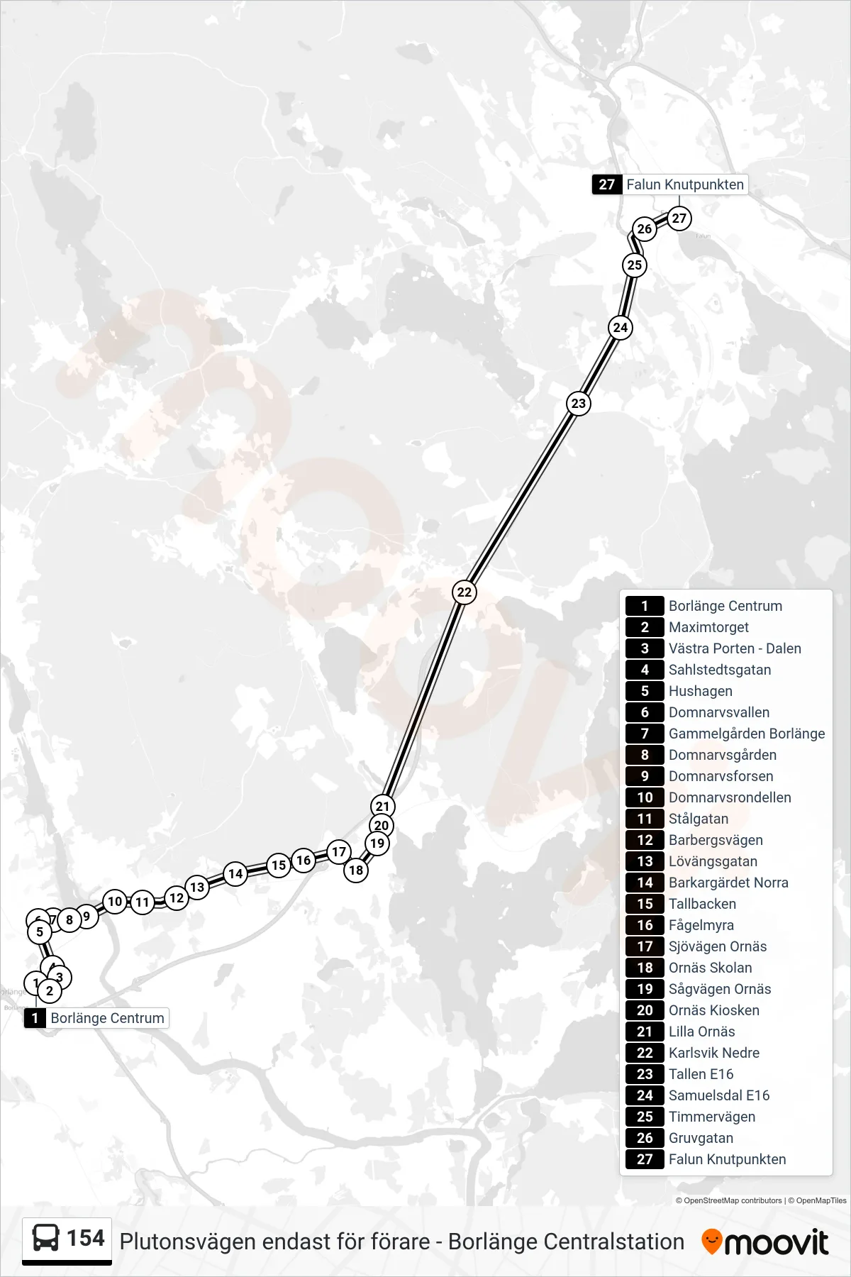 Rutt och hållplatser på karta för linje 154  spårvagn, (Falun Knutpunkten)