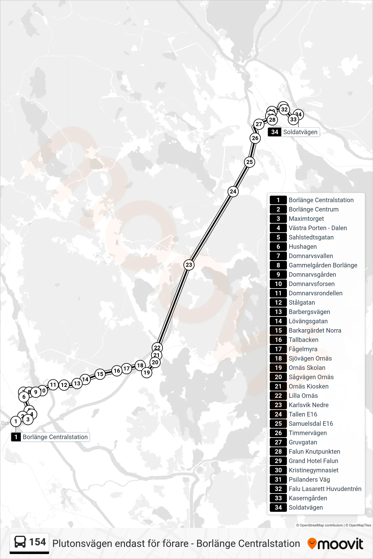 Rutt och hållplatser på karta för linje 154  spårvagn, (Soldatvägen)