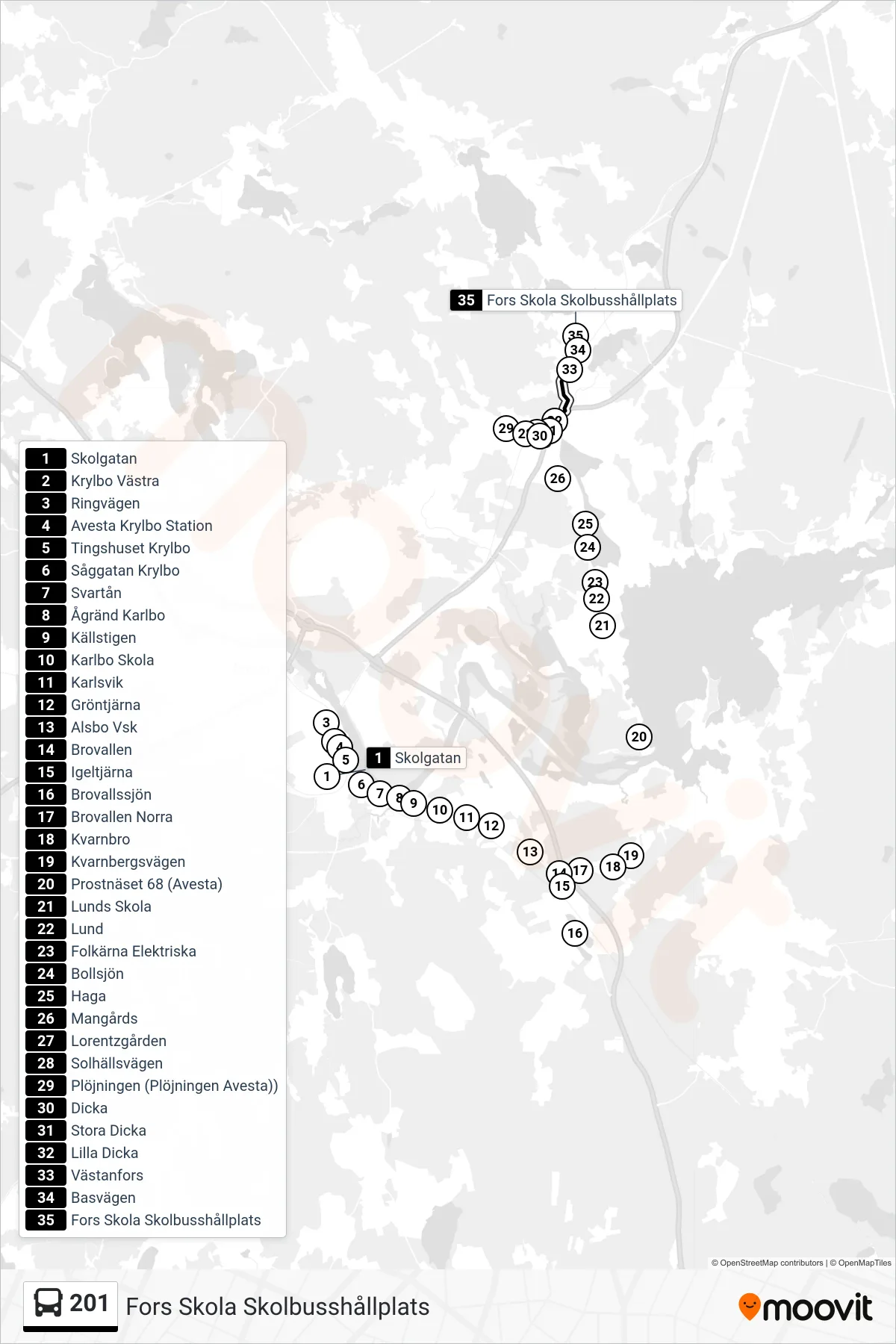 Rutt och hållplatser på karta för linje 201  spårvagn, (Fors Skola Skolbusshållplats)