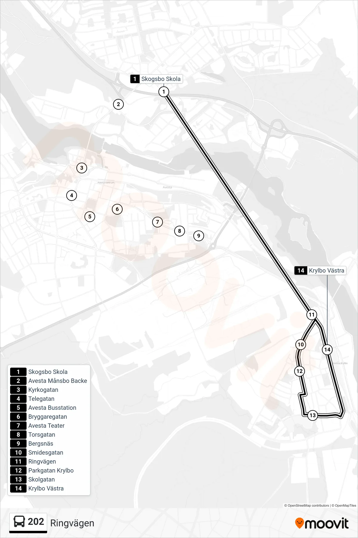 Rutt och hållplatser på karta för linje 202 spårvagn, (Ringvägen)