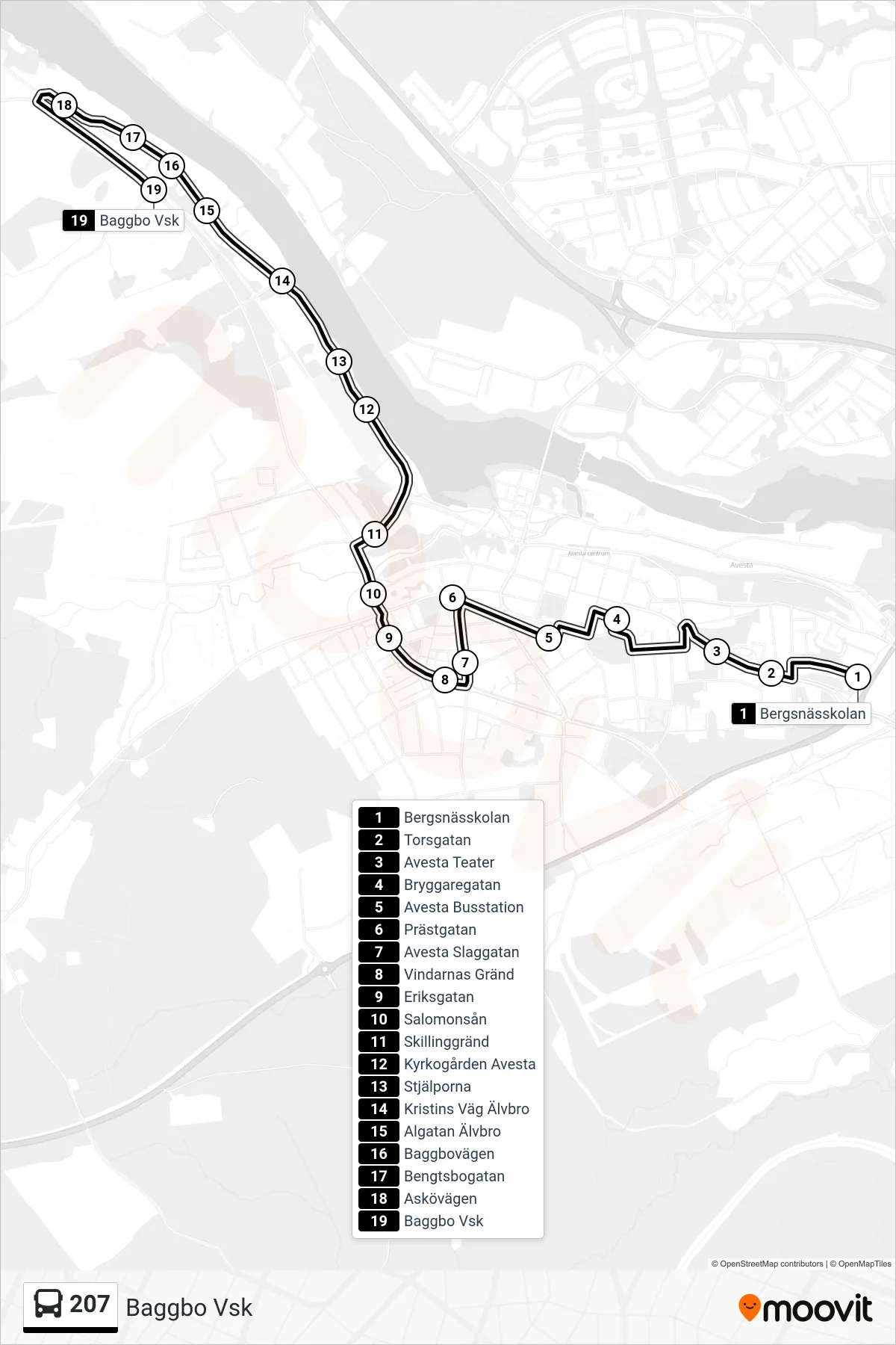 Rutt och hållplatser på karta för linje 207  spårvagn, (Baggbo Vsk)